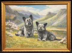 Due cani Cairn Highland Terrier in un paesaggio delle Highlands scozzesi dipinto firmato
