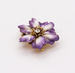 A. J. Hedge 1905 Art Nouveau Flower Enamel Pendant Brooch 18kt Gold with Diamond