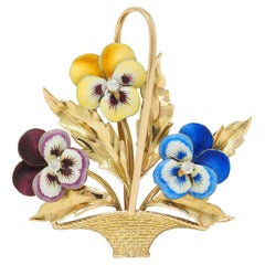 A. J. Hedges & Co. Enamel Diamond 14 Karat Gold Antique Basket Of Pansies Brooch