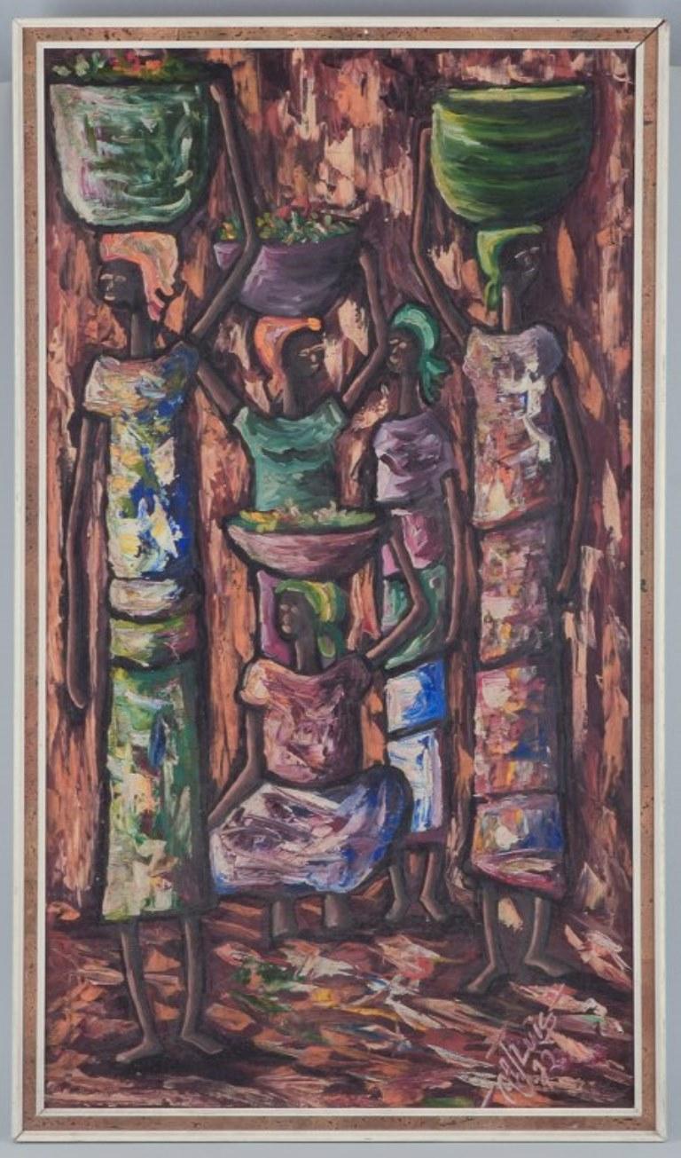 A. J. Luis, Haïti. 
Huile sur toile. 
Cinq femmes dans un paysage.
Style abstrait.
Signé et daté '72.
En parfait état.
Dimensions de la toile : 49,0 cm x 89,0 cm.
Dimensions totales : 54,5 cm x 93,5 cm.
