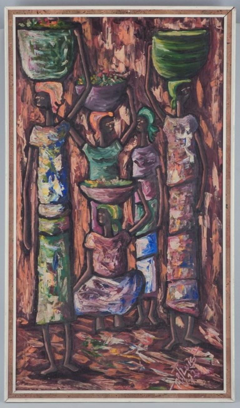 A. J. Luis, Haiti. 
Olio su tela. 
Cinque donne in un paesaggio.
Stile astratto.
Firmato e datato '72.
In perfette condizioni.
Dimensioni della tela: 49,0 cm x 89,0 cm.
Dimensioni totali: 54,5 cm x 93,5 cm.