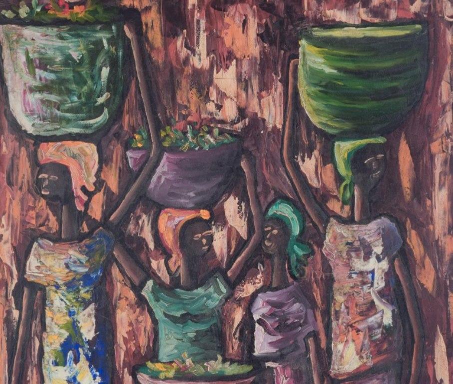 Haïtien A. J. Luis, Haïti. Huile sur toile. Cinq femmes dans un paysage. Style abstrait. en vente