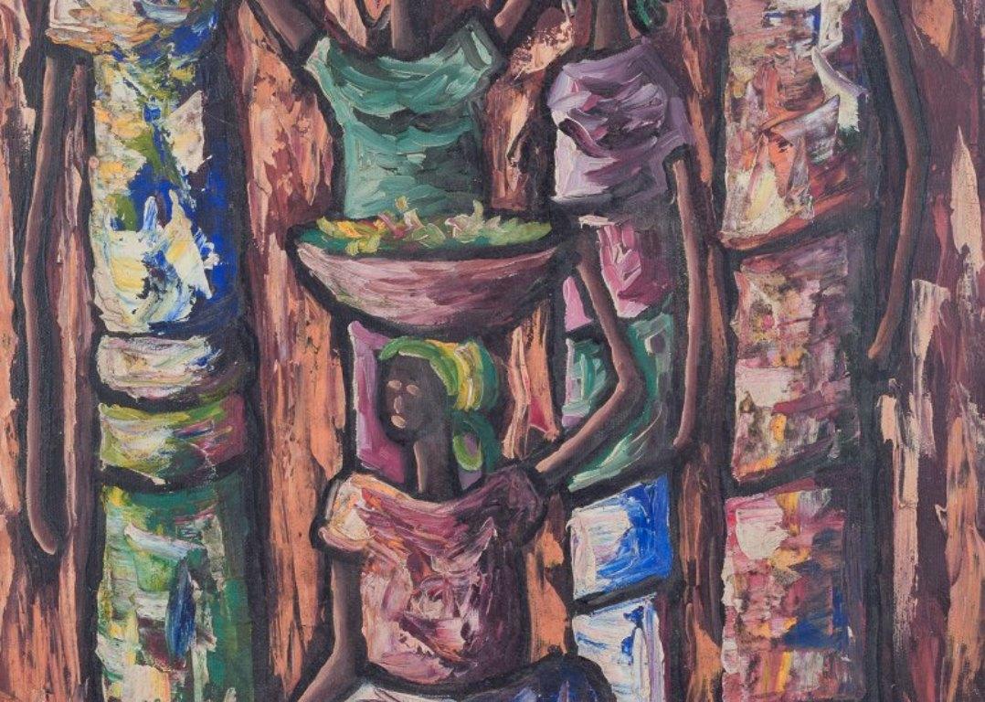 A. J. Luis, Haiti, Haiti. Öl auf Leinwand. Fünf Frauen in einer Landschaft. Abstrakter Stil. im Zustand „Hervorragend“ im Angebot in Copenhagen, DK