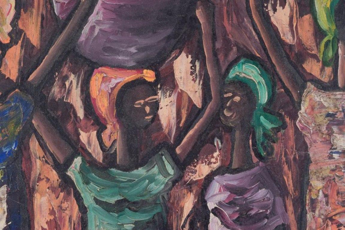 Fin du 20e siècle A. J. Luis, Haïti. Huile sur toile. Cinq femmes dans un paysage. Style abstrait. en vente