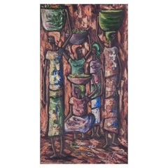 A. J. Luis, Haiti, Haiti. Öl auf Leinwand. Fünf Frauen in einer Landschaft. Abstrakter Stil.