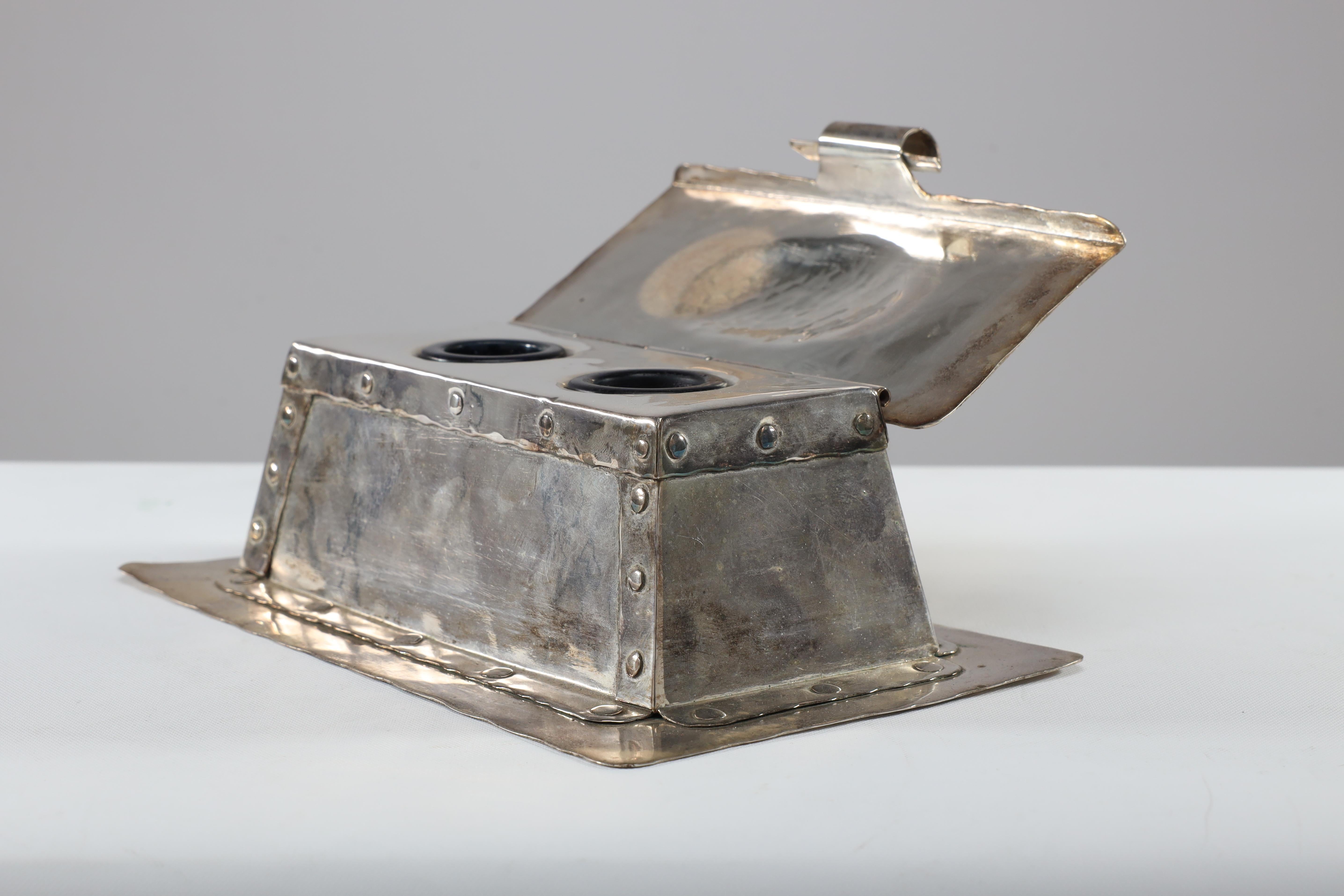 20th Century A J Seward of Birmingham Arts and Crafts Hammered Electro-Plated Double Inkstand For Sale