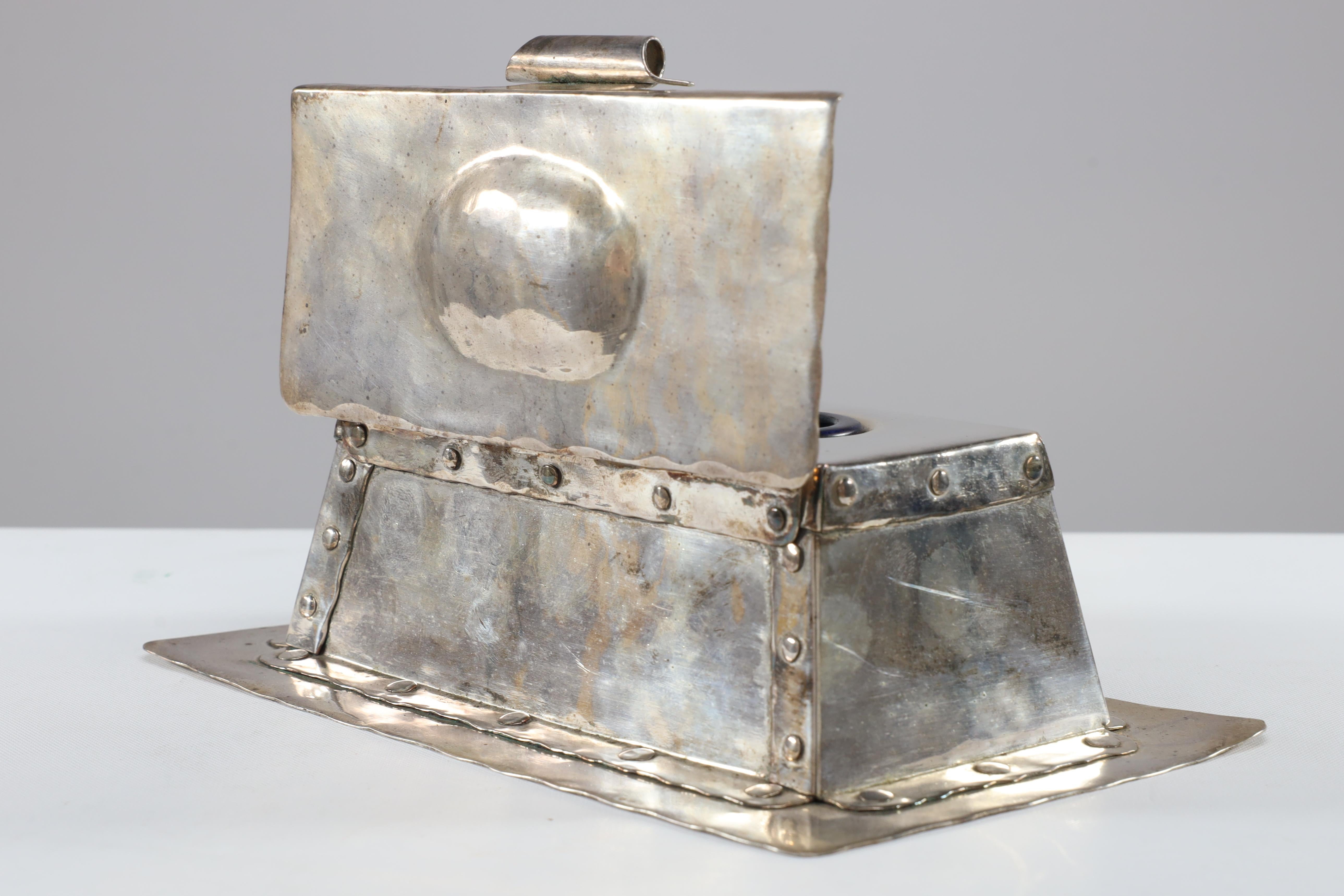 A J Seward of Birmingham Arts and Crafts Hammered Electro-Plated Double Inkstand For Sale 2