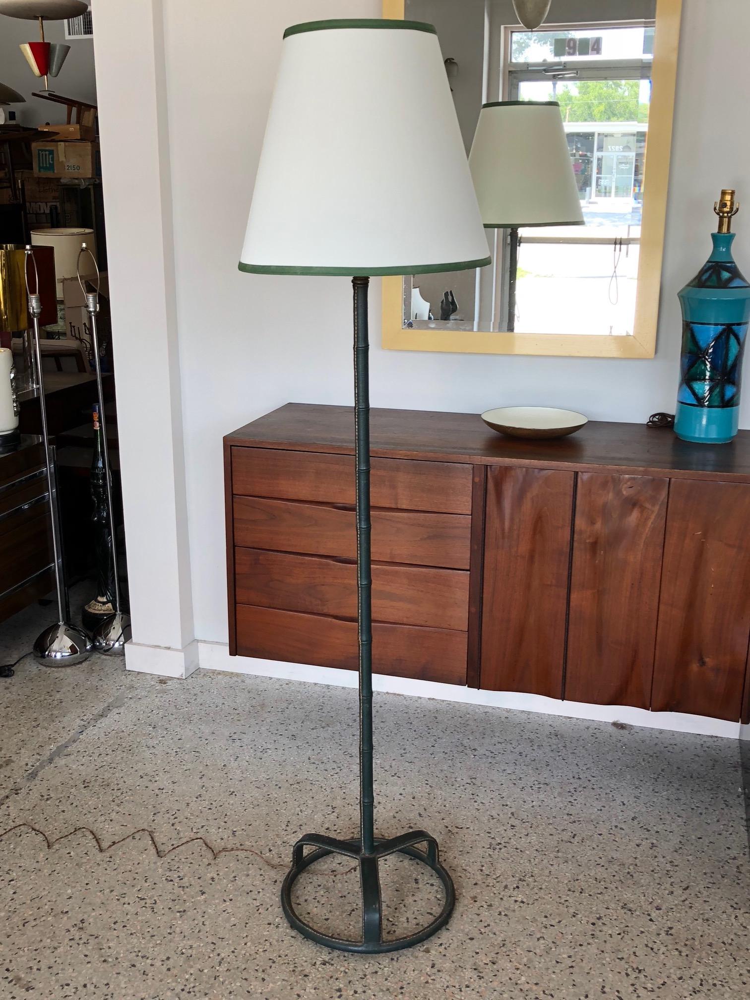 A Jacques Adnet Floorlamp in Original Green Leather For Sale 2