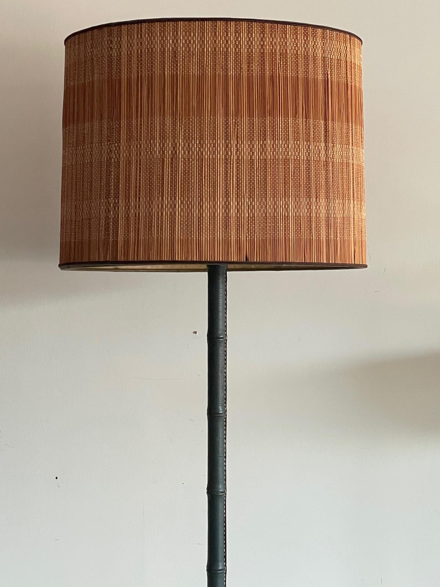 Mid-20th Century A Jacques Adnet Floorlamp in Original Green Leather For Sale