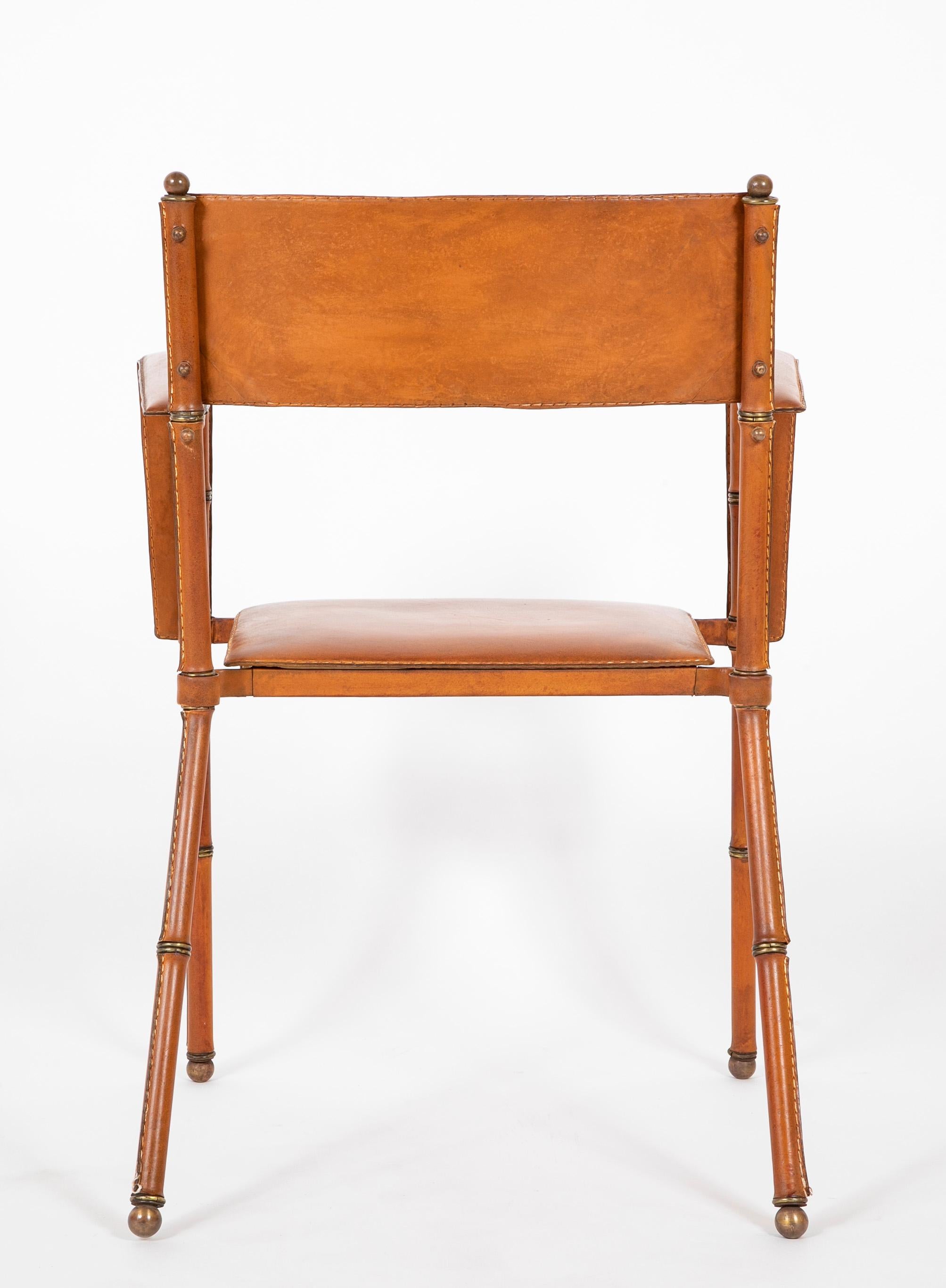 Jacques Adnet Leather Wrapped Faux Bamboo Arm / Desk Chair In Good Condition For Sale In Stamford, CT