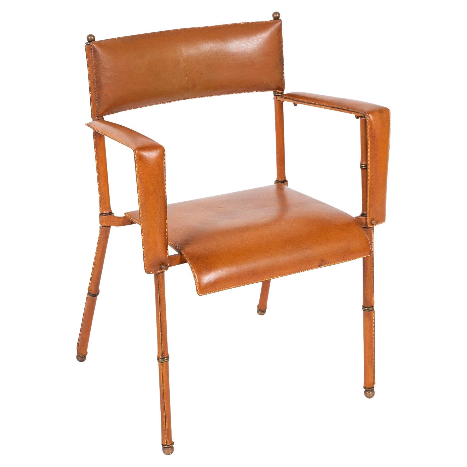 Jacques Adnet Leather Wrapped Faux Bamboo Arm / Desk Chair For Sale