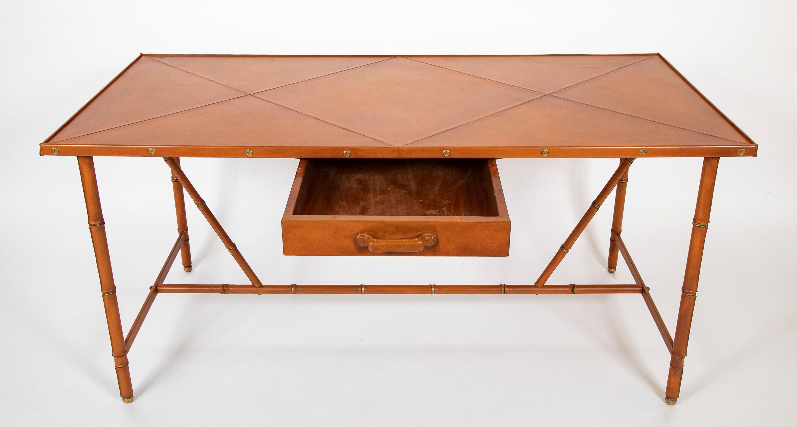 Mid-Century Modern Jacques Adnet Leather Wrapped Faux Bamboo Desk For Sale