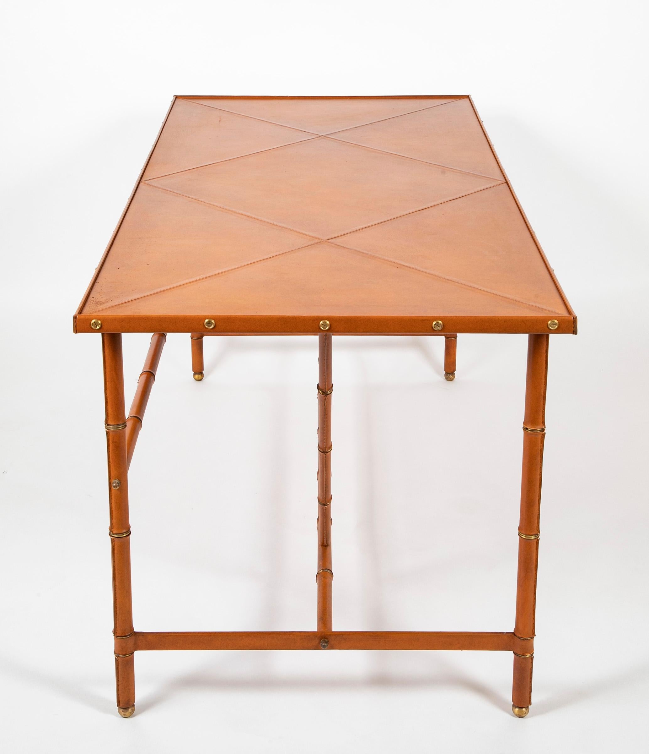 French Jacques Adnet Leather Wrapped Faux Bamboo Desk For Sale