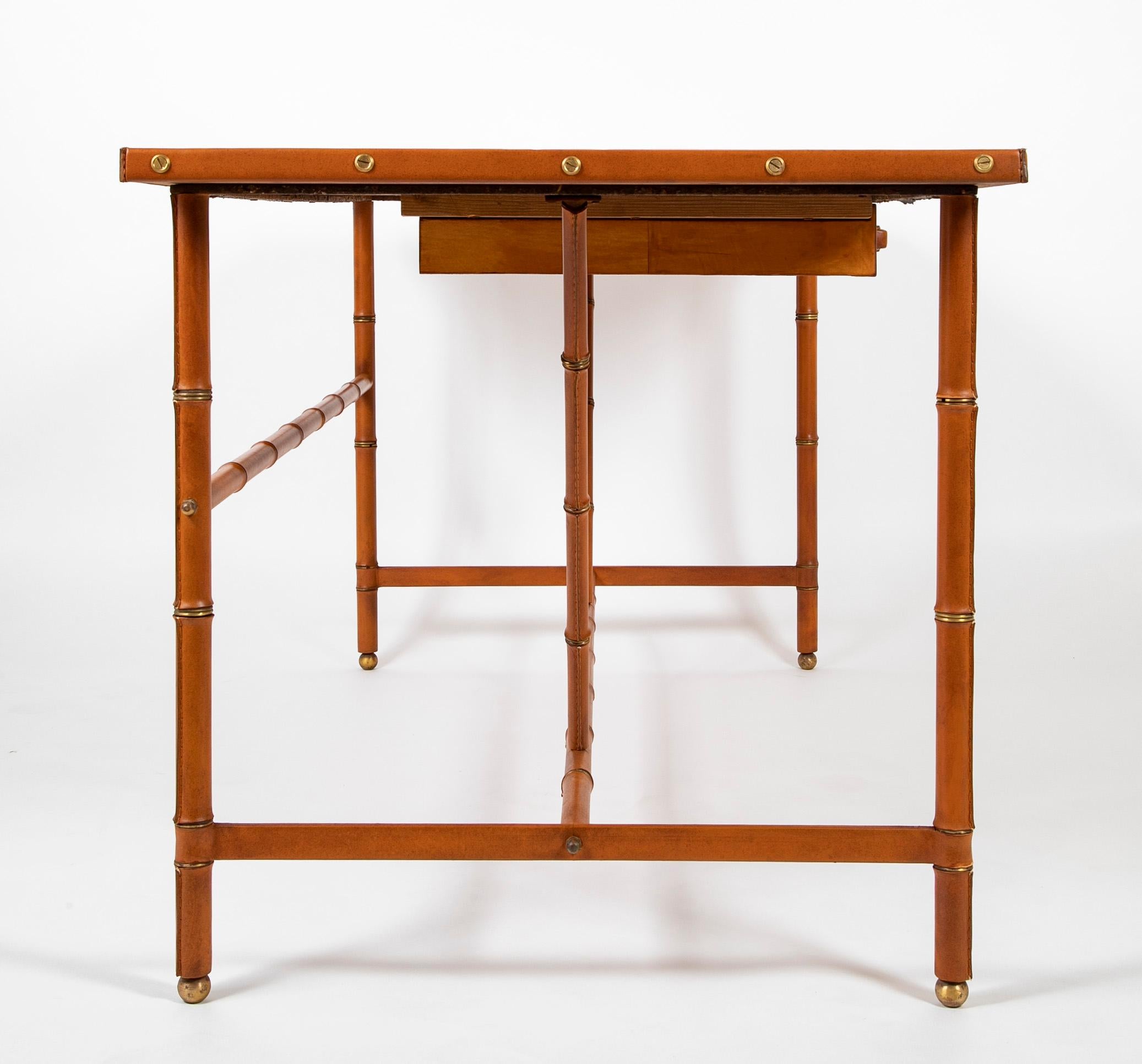 Jacques Adnet Leather Wrapped Faux Bamboo Desk In Good Condition For Sale In Stamford, CT