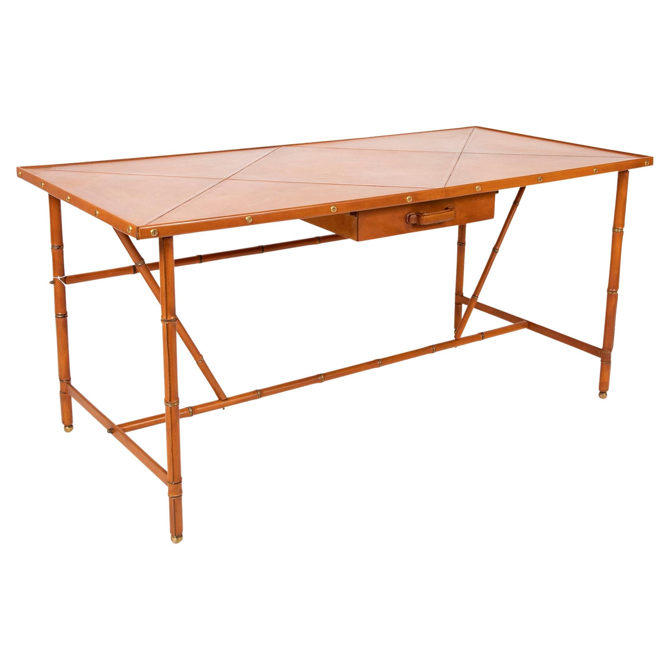 Jacques Adnet Leather Wrapped Faux Bamboo Desk For Sale