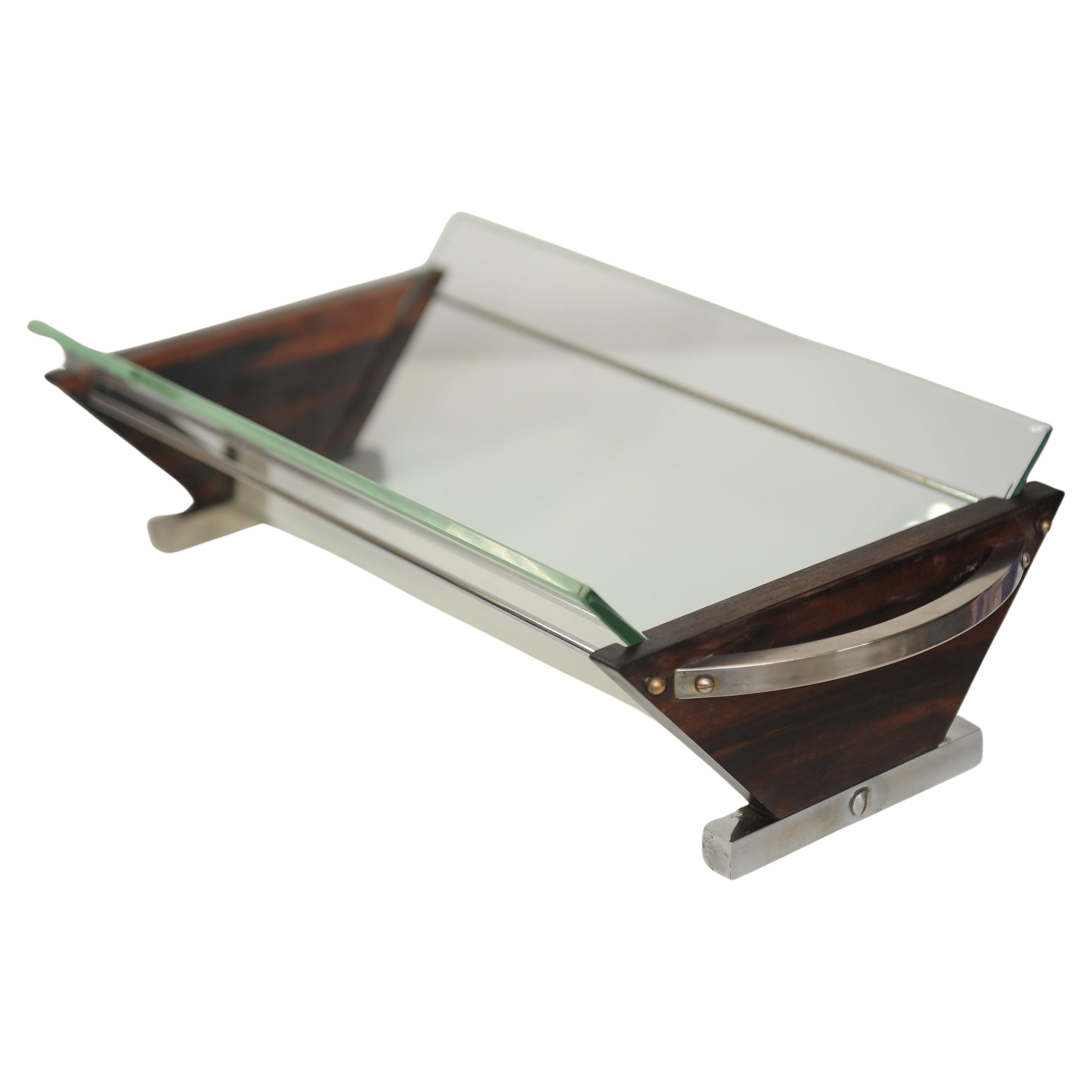 Eine stilvolle Jacques Adnet Stil Französisch Art Deco Hartholz, Chrom und Glas Obst oder Buch Trog.
