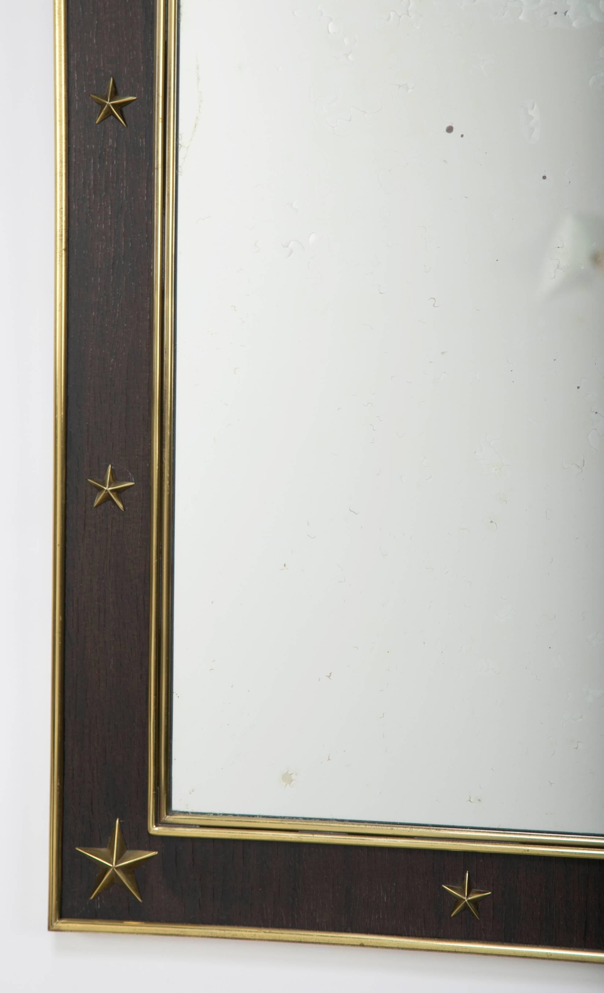 Art Deco Jacques Adnet Wood and Brass Mirror with Brass Stars For Sale