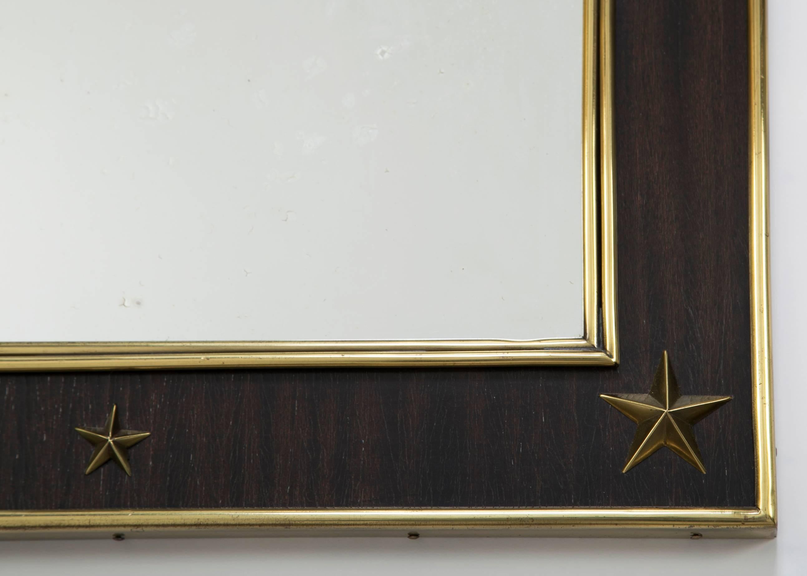 French Jacques Adnet Wood and Brass Mirror with Brass Stars For Sale