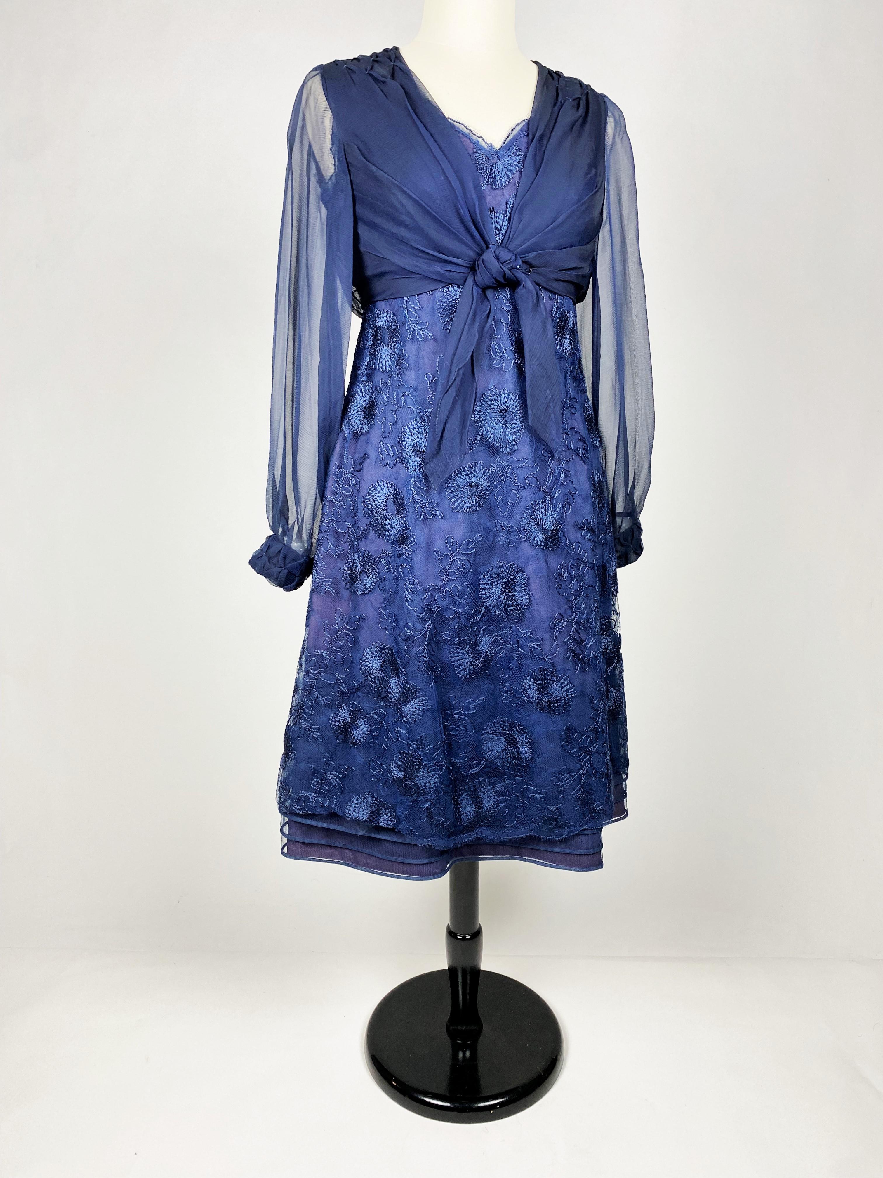 Jacques Heim Cocktail-Cocktailkleid und Bolero aus Chiffon mit Stickereien und Bolero, um 1965 im Angebot 8