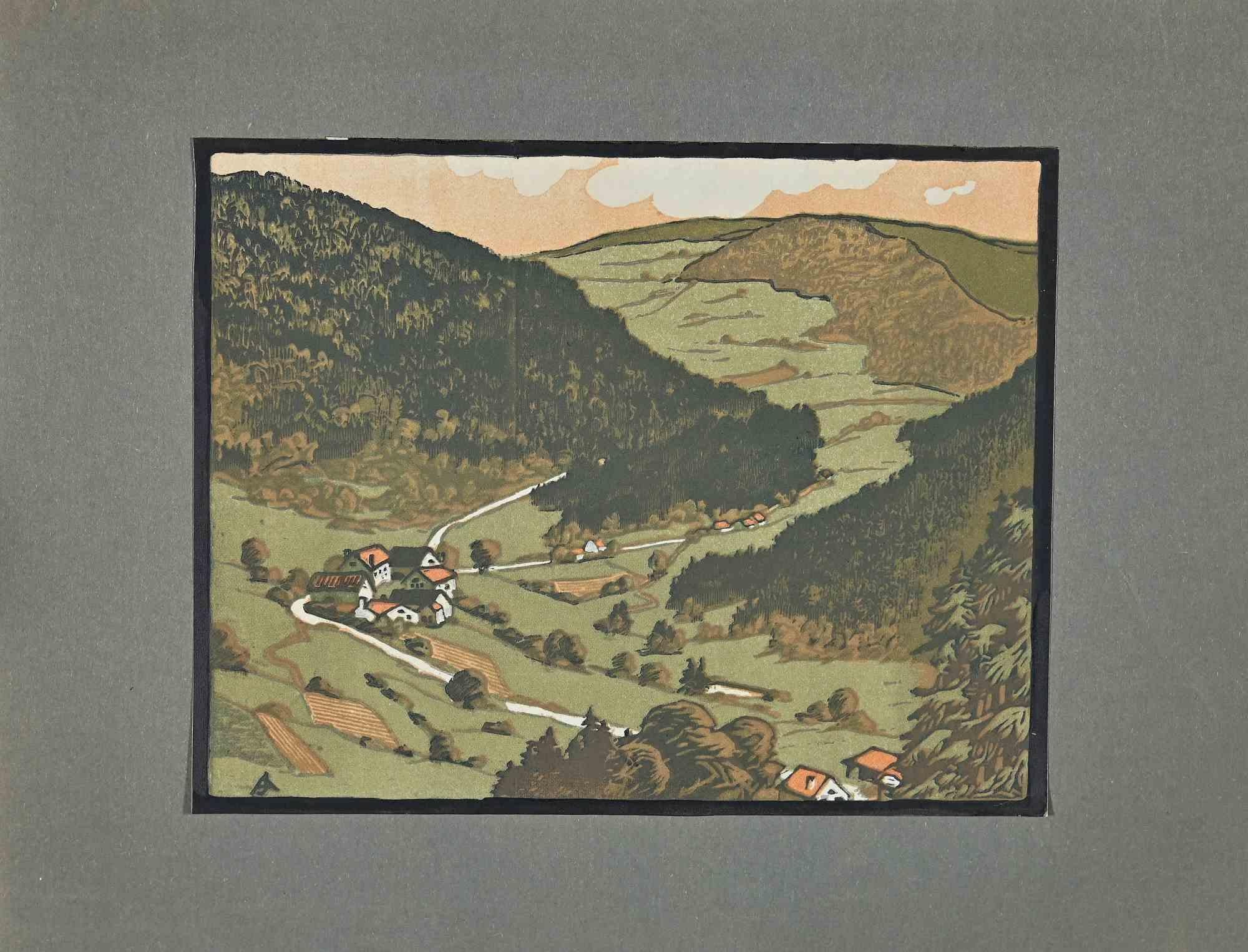 Landscape is an Original woodcut print realized by A. Jacquol in January 1934.

The beautiful artwork is in good condition included a green cardboard (25x32.7 cm).

Monogrammed on the lower left corner.

On the back another little artwork of the