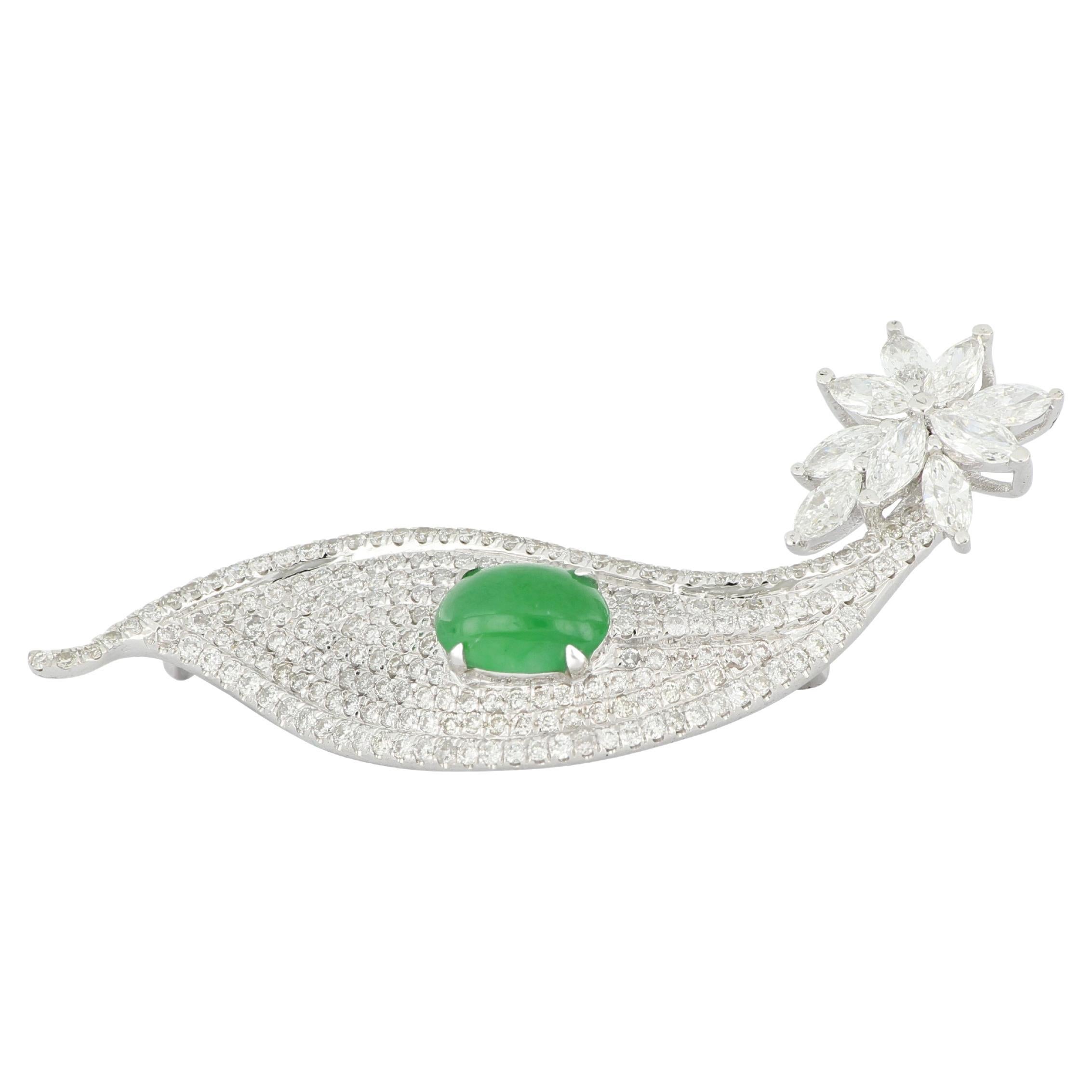 Leaf Shape Natural Jadeite and Diamond Brooch in 18K Gold