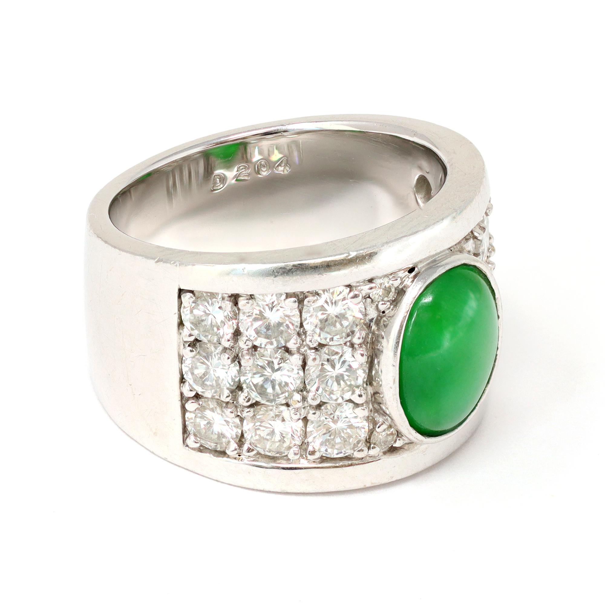 Modern Jadeite Jade and Diamond Wide Band Ring in 18 Karat White Gold For Sale