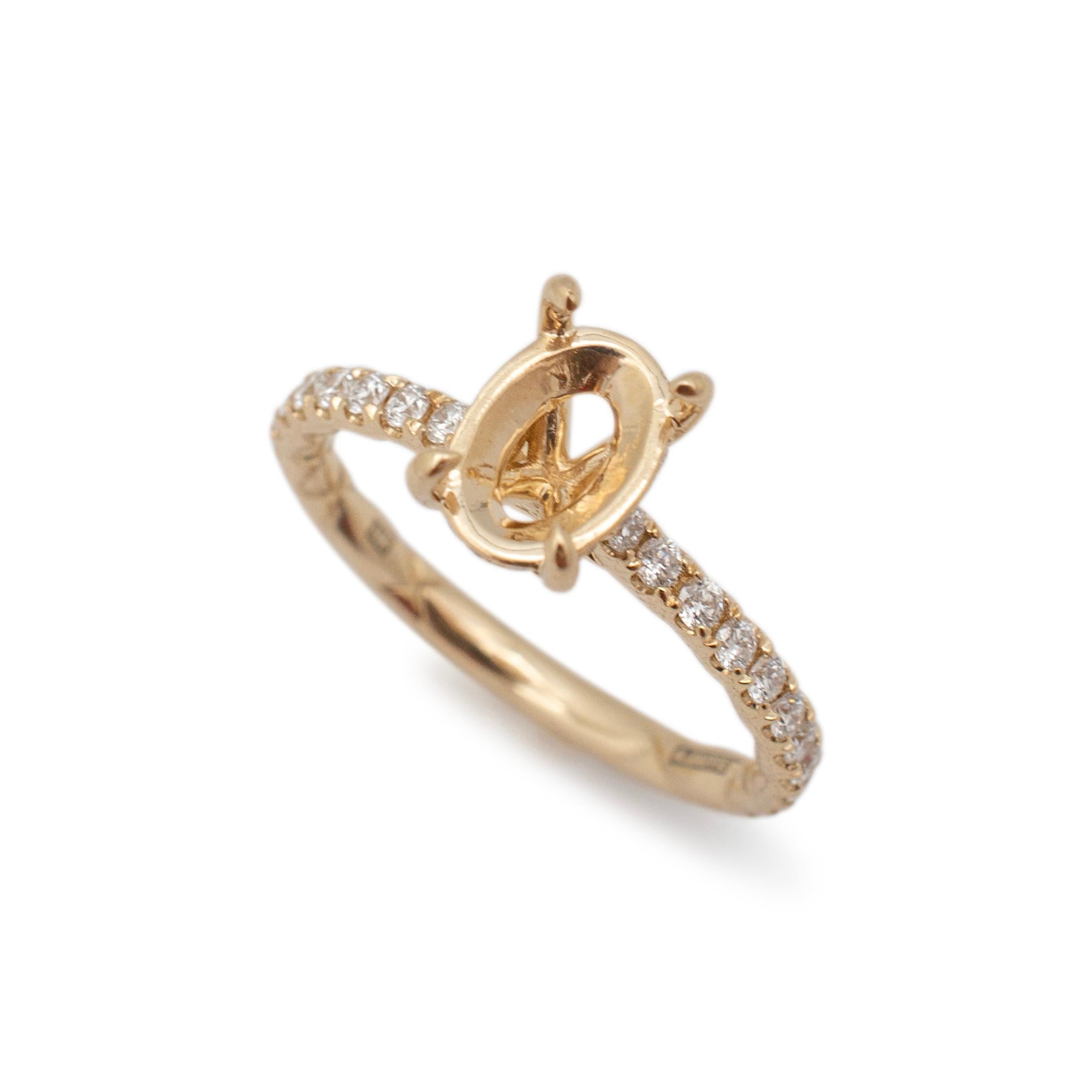 Brand: A. JAFFE

Gender: Ladies

Metal Type: 14K Yellow Gold

Size: 6.5

Shank Maximum Width: 2.00 mm

Weight: 2.84 Grams

Ladies 14K yellow gold diamond engagement semi-mount accented ring with a half round shank. The metal was tested and
