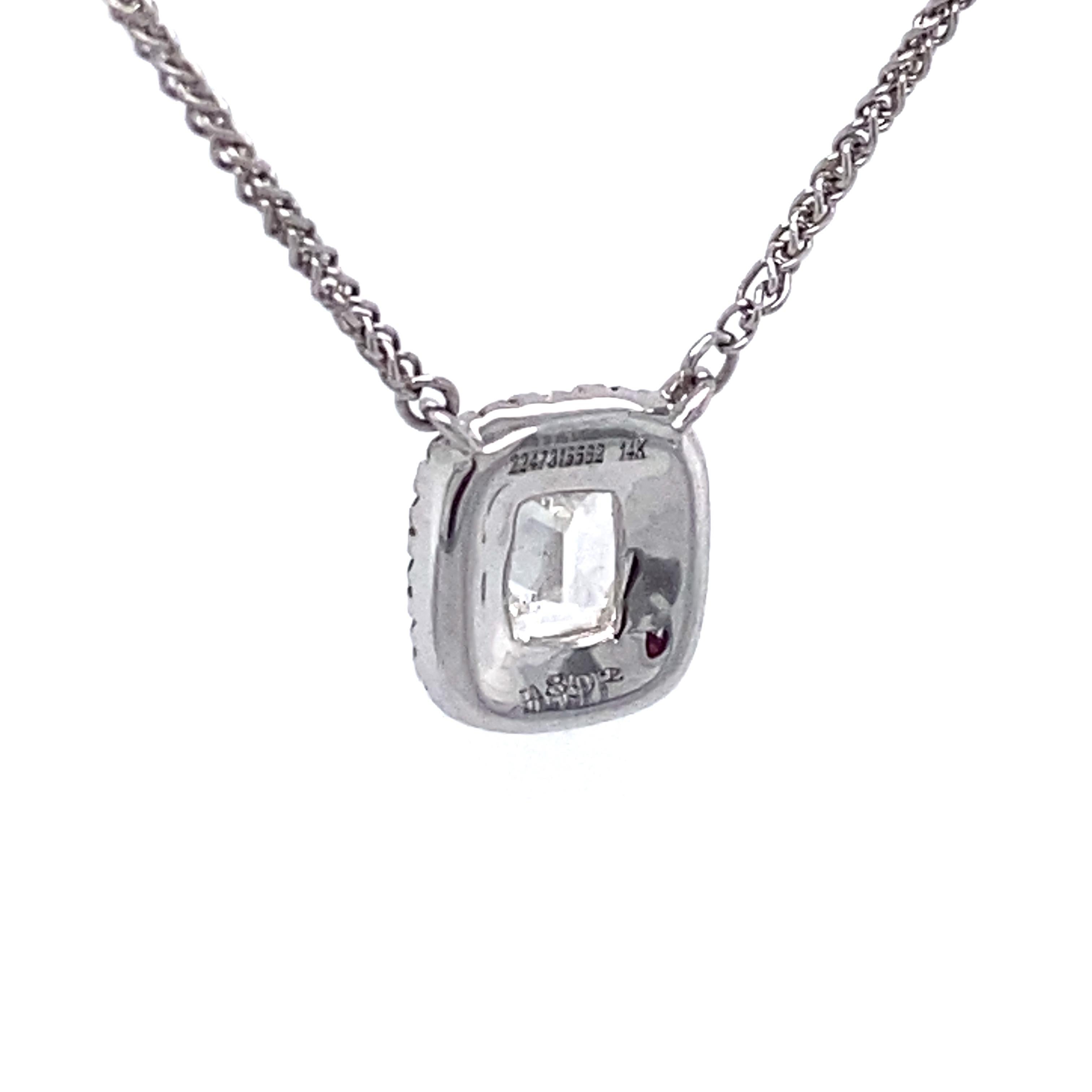 Circa: 2000s
Metal Type: 14 Karat White Gold
Weight: 3 grams
Dimensions: 18 Inch Length (necklace)

Diamond Details:

Carat: 0.51 carats
Shape: Cushion cut
Color: I
Clarity: VS2
Certification: GIA #2247315562