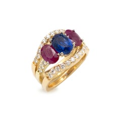 A. Jaffe Ladies 18K Green & White Gold Sapphire Rubies Diamond Cocktail Ring Set