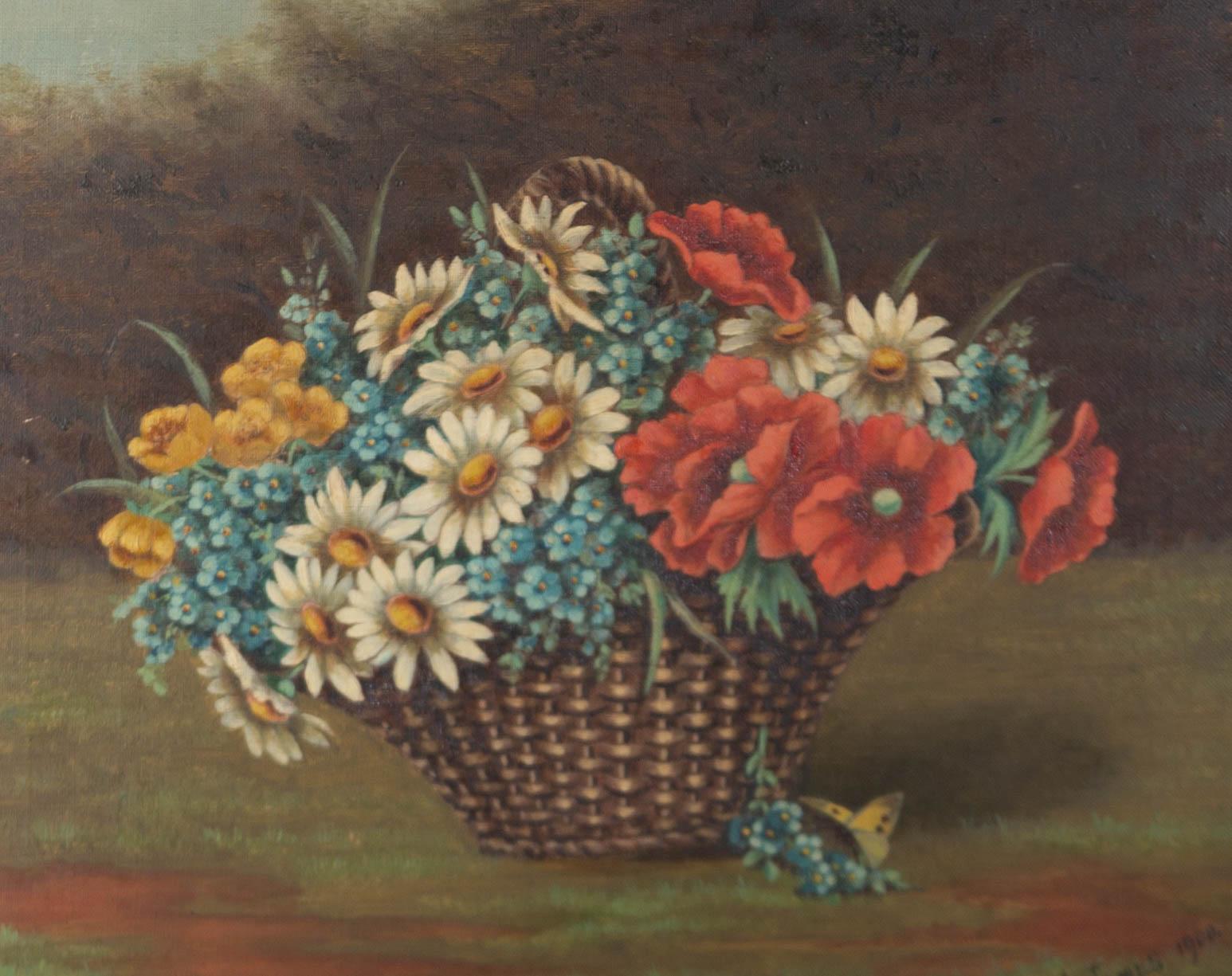 A. James - 1900, huile, panier de fleurs en vente 1