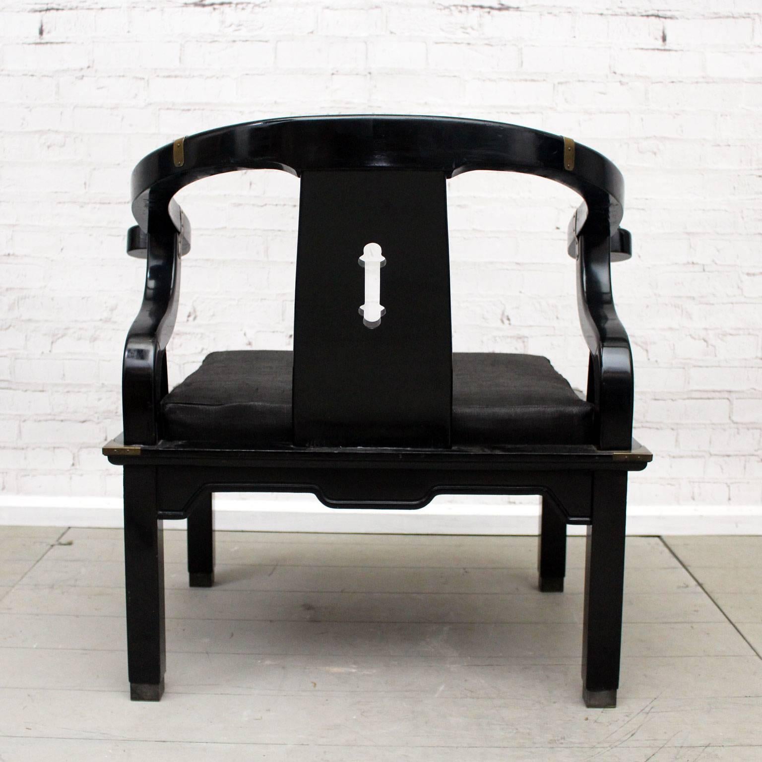 James Mont 1960s Horseshoe Black Lacquered Chinoiserie Armchair 1