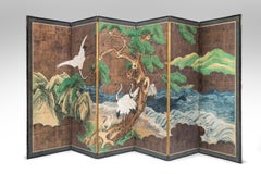 Japanese 6-Panel Screen of Cranes Amidst Pine Trees by Water