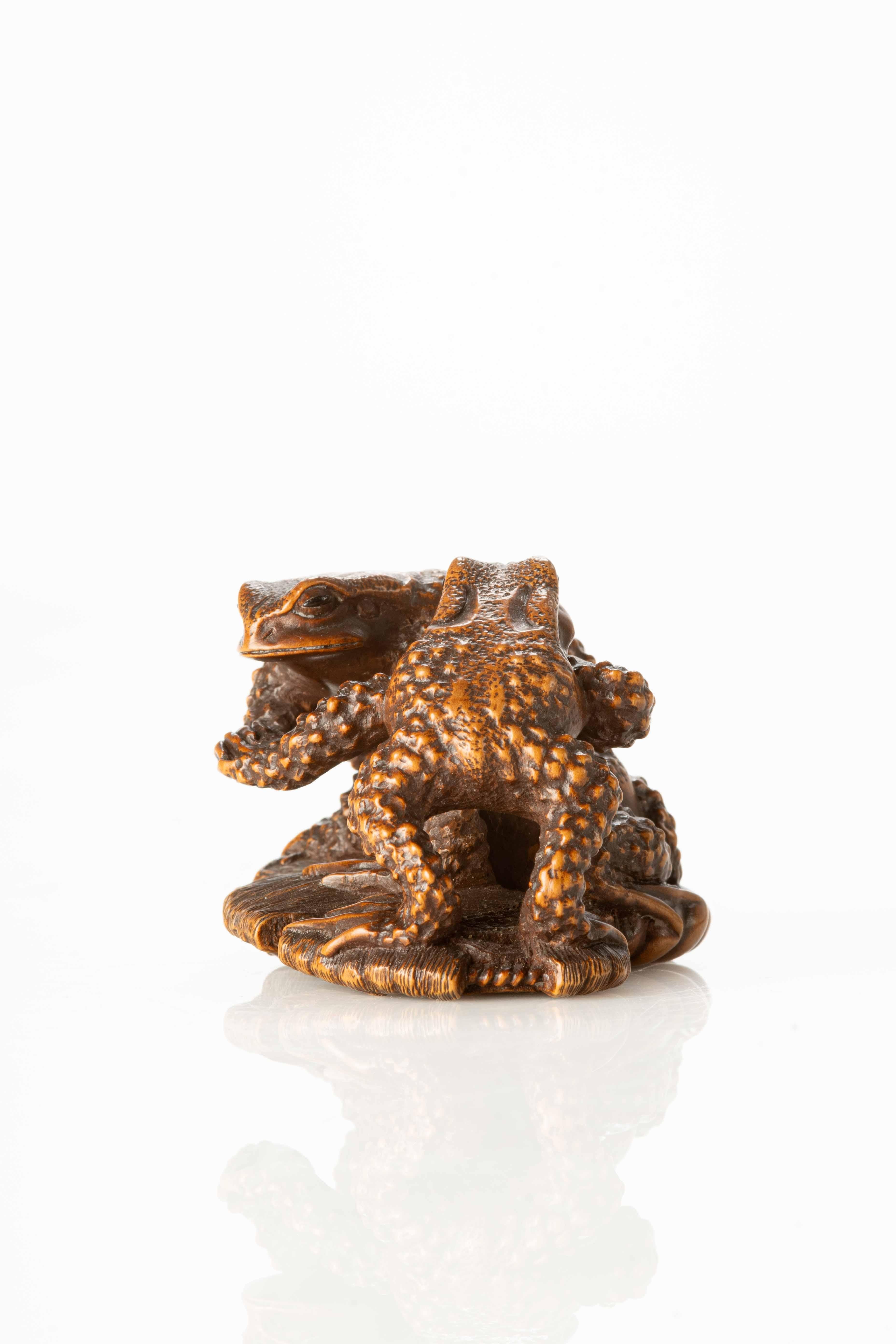 Boxwood netsuke depicting three toads on a sandal, two of them engaged in a fight, assuming the typical position of sumo wrestlers with their front legs raised and their bodies leaning against each other.

The wrinkled skin and warts on their bodies