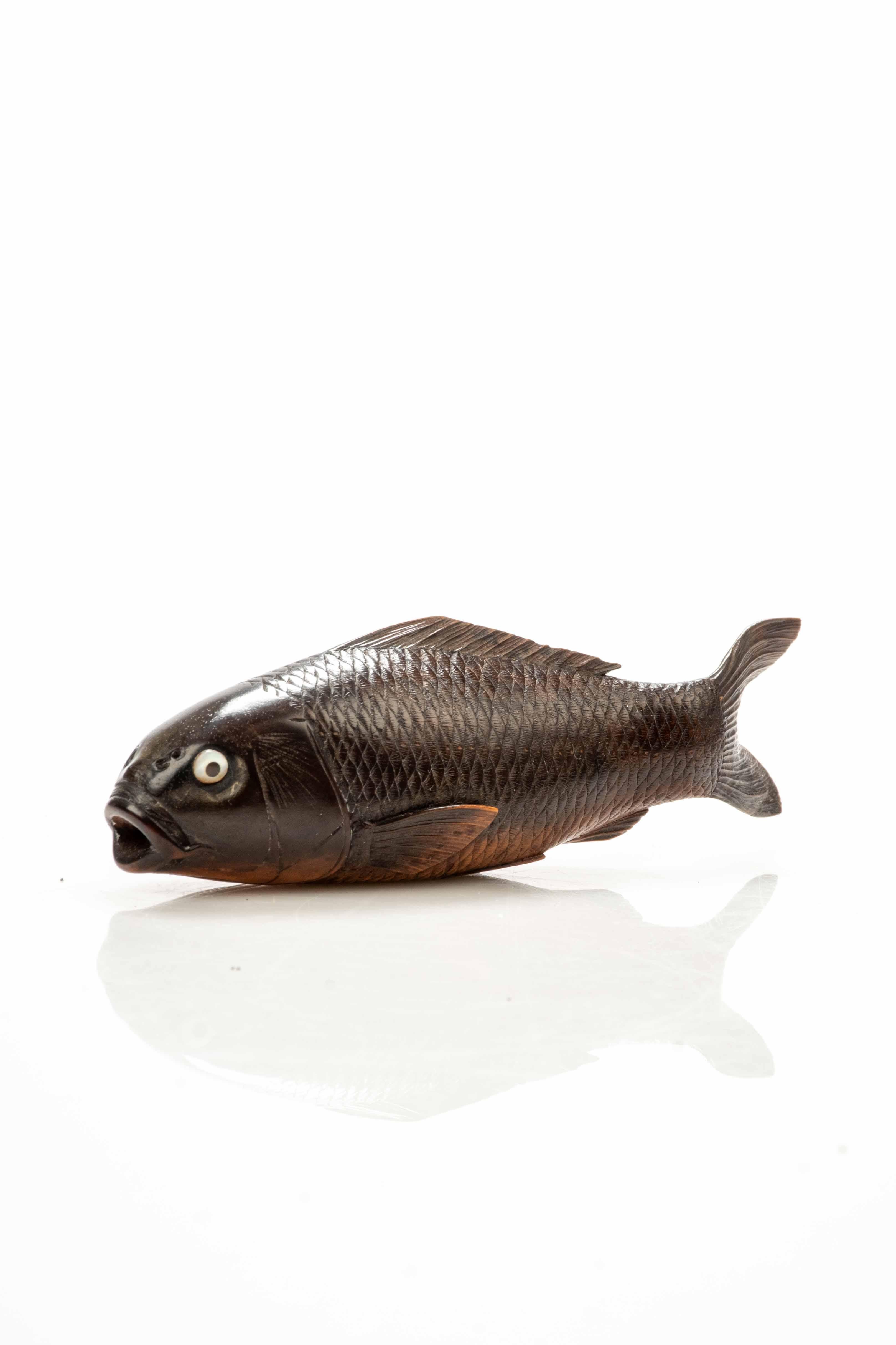 Boxwood okimono depicting a koi carp. The eyes, in mother-of-pearl and black horn, are inlaid with precision, while the overlapping scales on the body give extraordinary realism.

The koi carp was portrayed with particular attention to its movement,