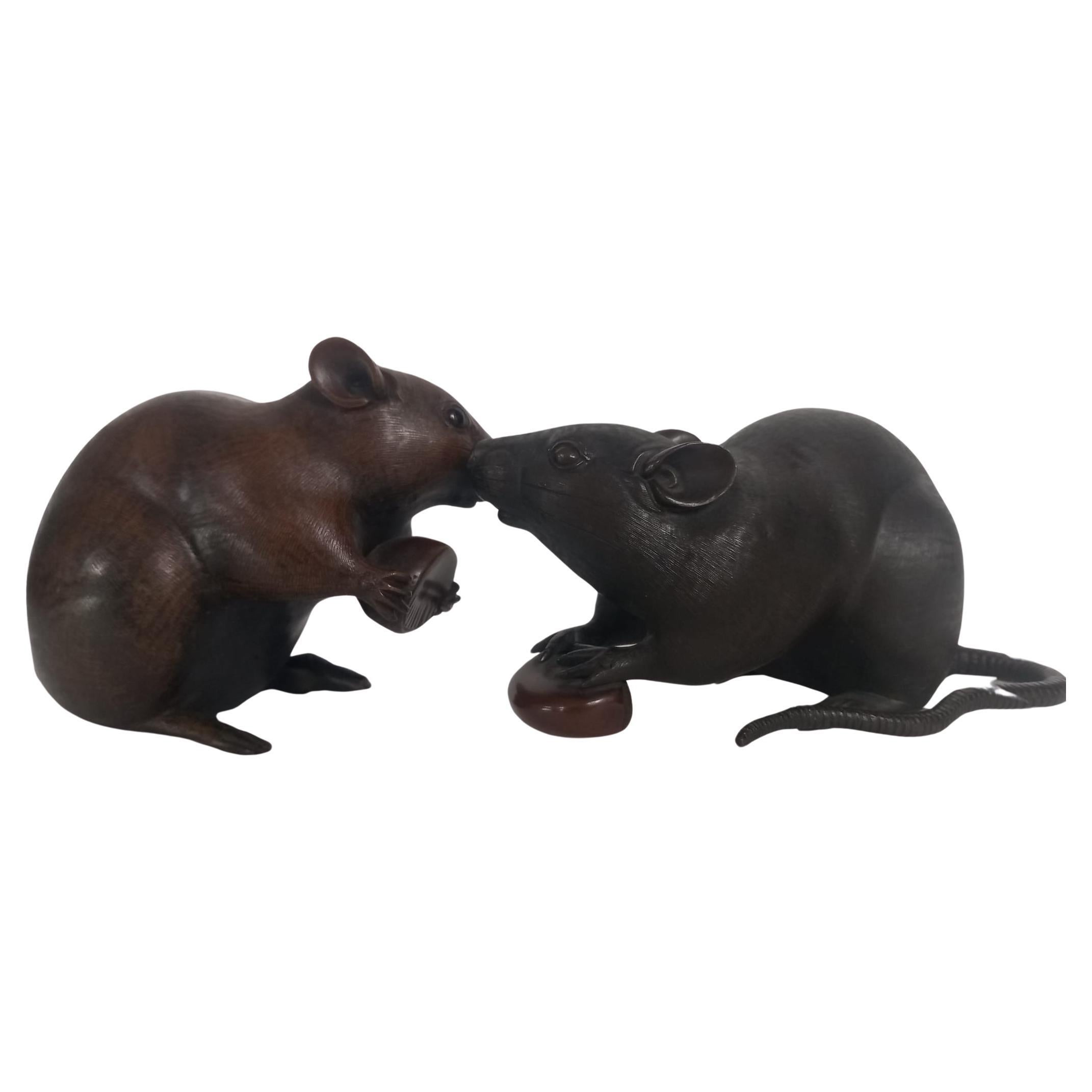 A Japanese bronze of two rats (Meiji Period)