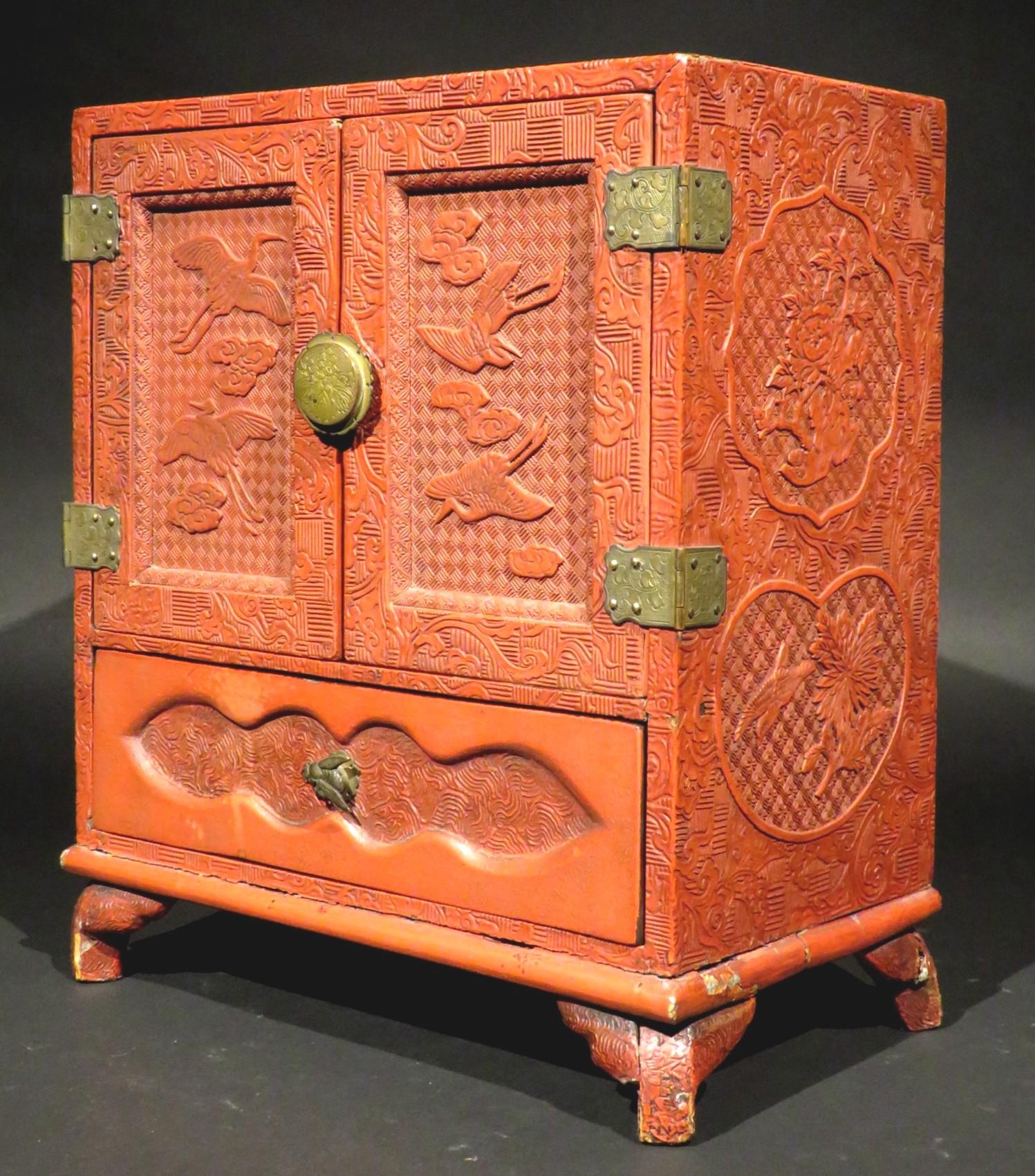 The top & sides decorated with cartouche shaped panels depicting fauna & flora, the front showing a pair of panelled doors decorated with flying cranes & clouds, the obverse decorated with dragonflies. The interior housing six drawers retaining