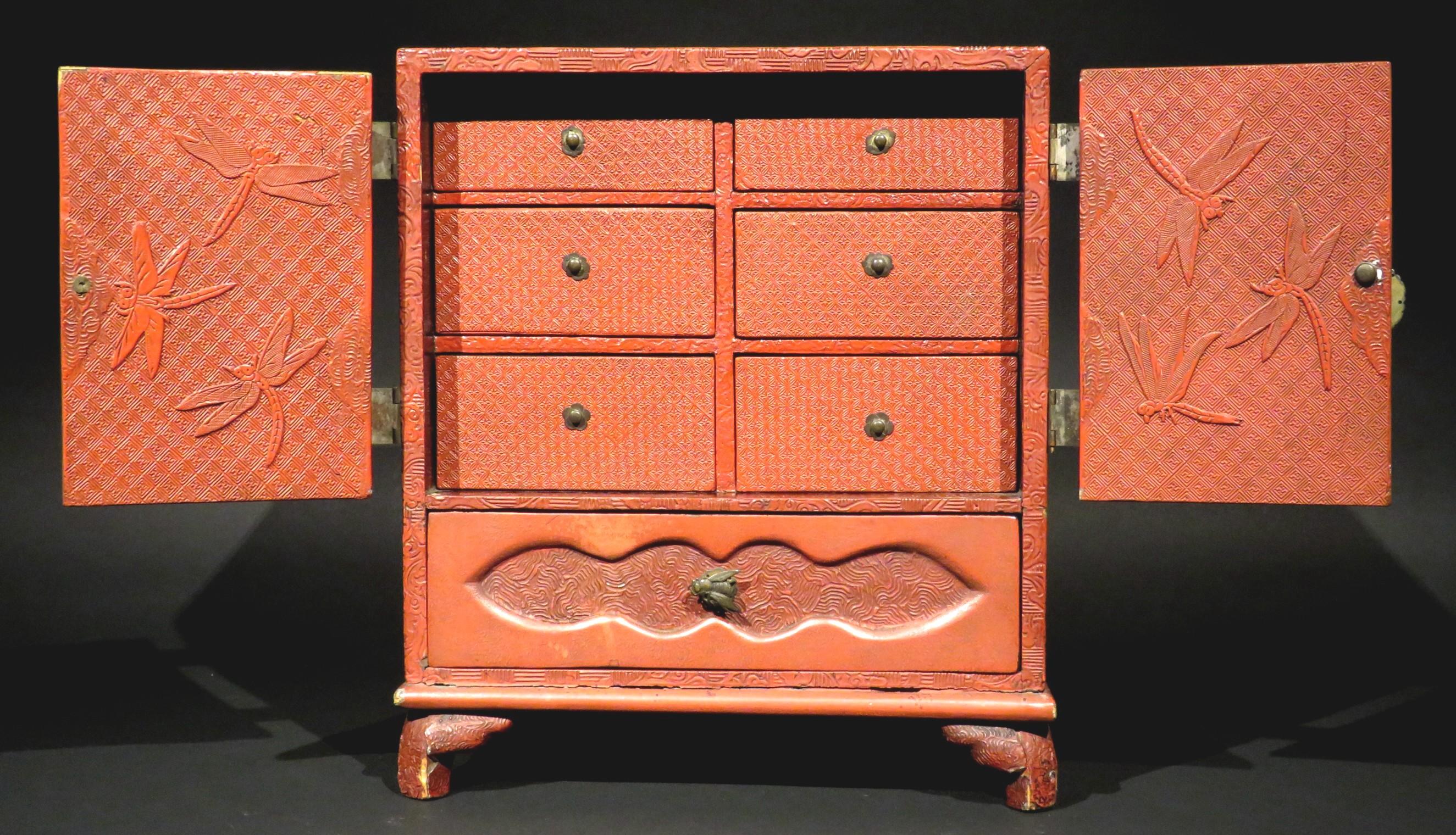 Early 20th Century Japanese Cinnabar Scholars Cabinet, Early Taisho Period (1912-1926) For Sale