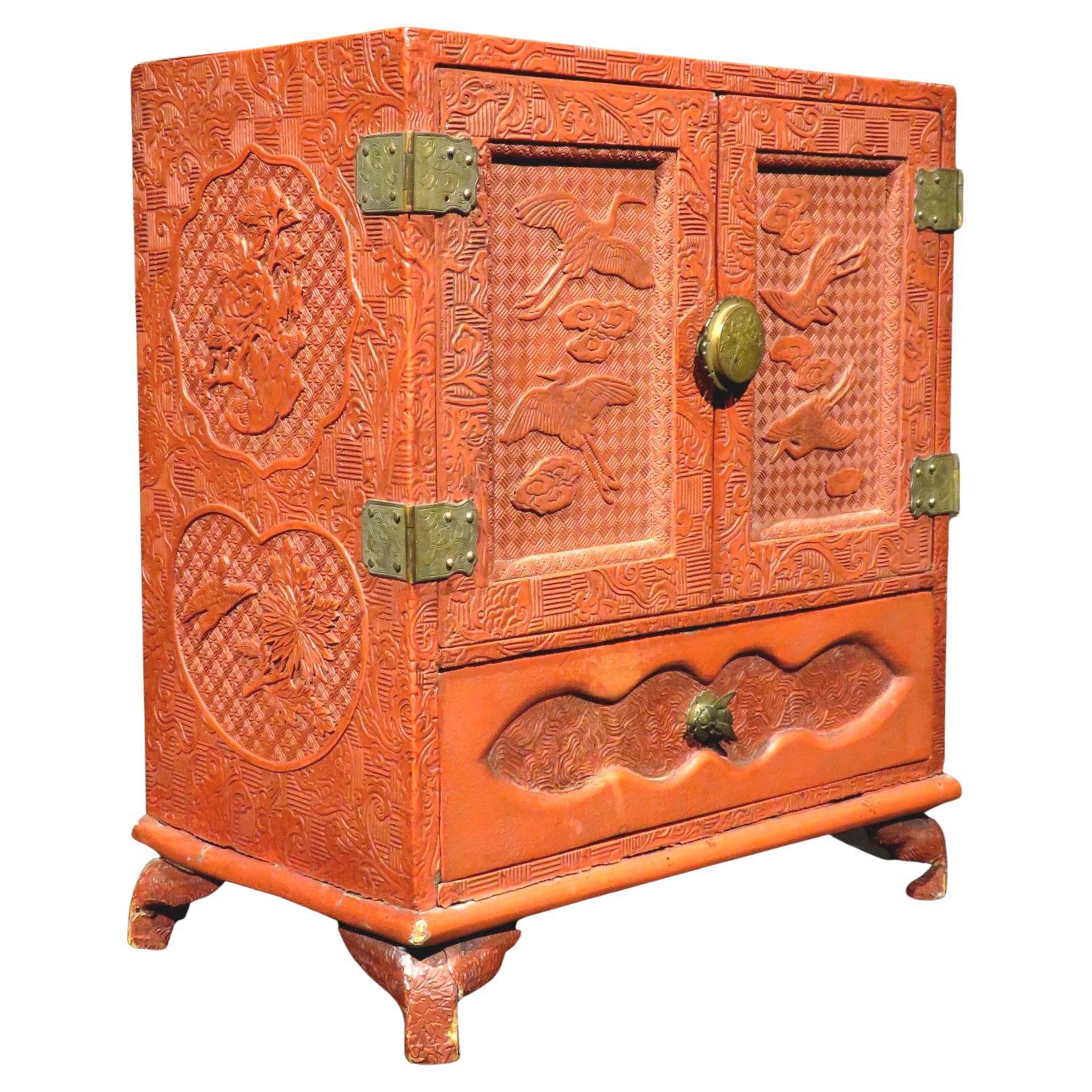 Japanese Cinnabar Scholars Cabinet, Early Taisho Period (1912-1926) For Sale