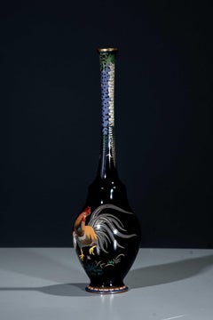 A Japanese cloisonné vase of a rooster and a hen