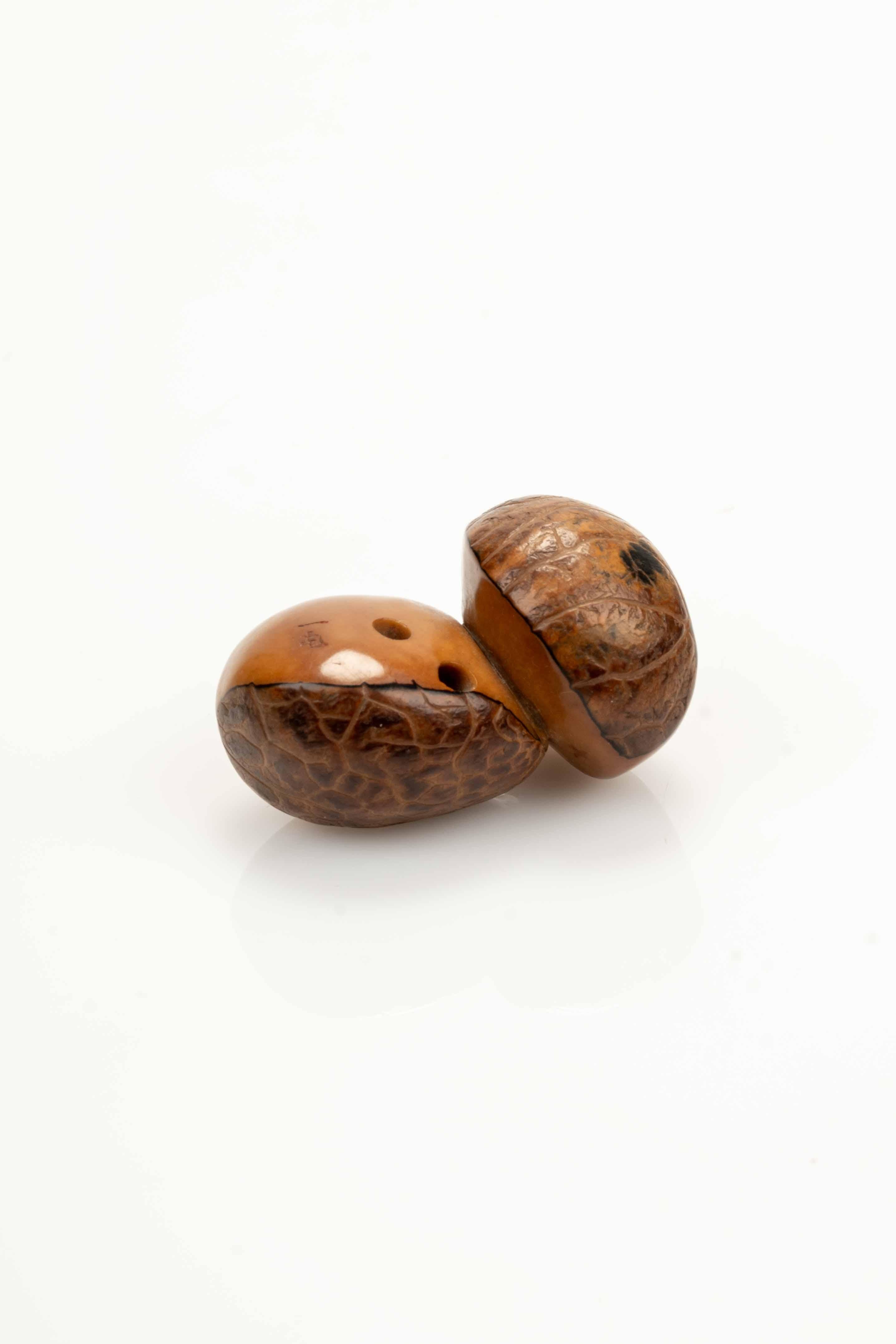 Noyer A Japanese Corozo Nut Netsuke Depicting Two Chestnuts, Signed Ikko en vente