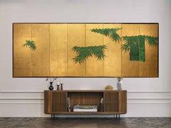 A Japanese Folding Screen Decorated With Bamboo Plants On A Gold-leaf