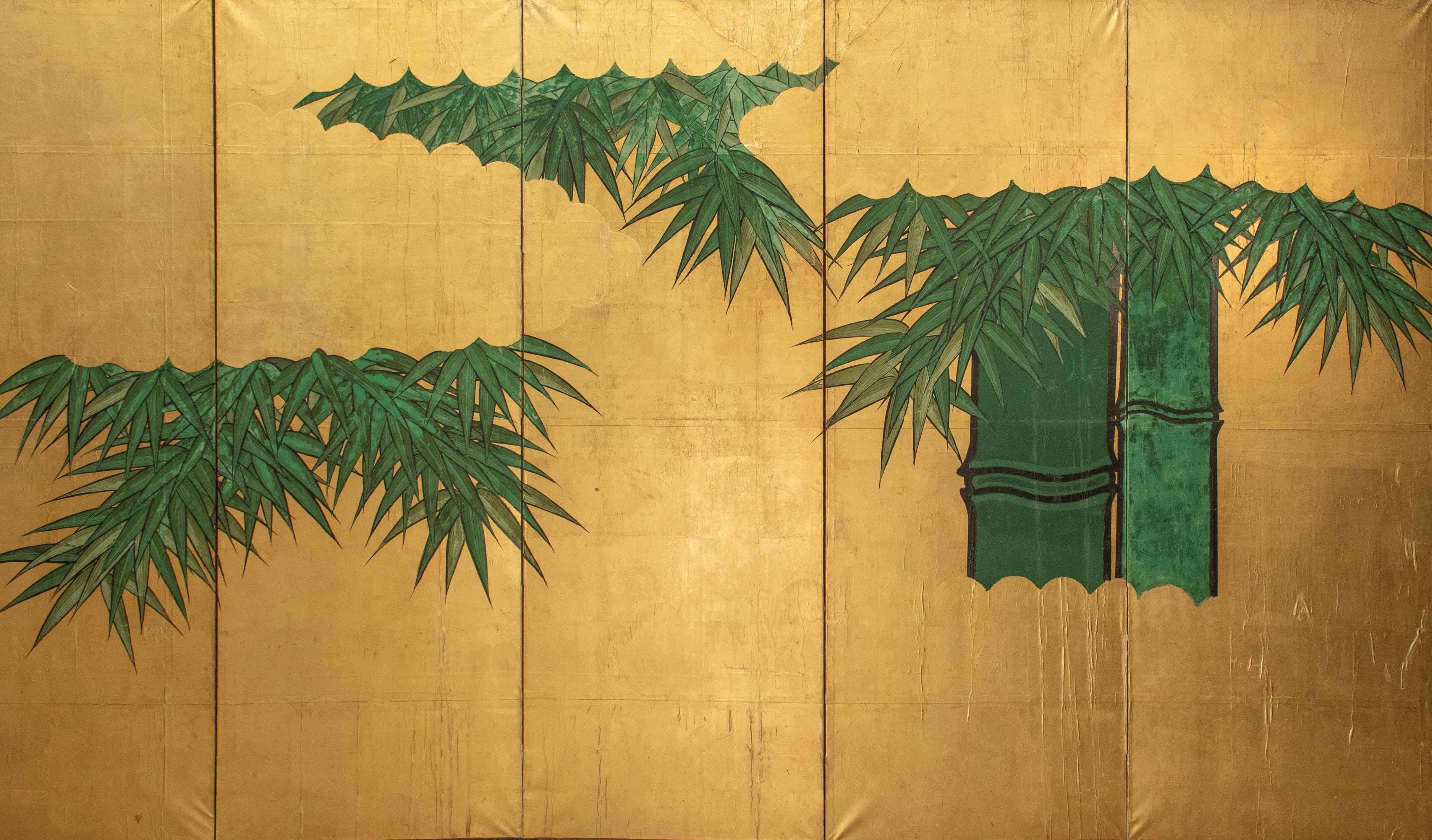 Hand-Painted A Japanese Folding Screen Decorated With Bamboo Plants On A Gold-leaf For Sale