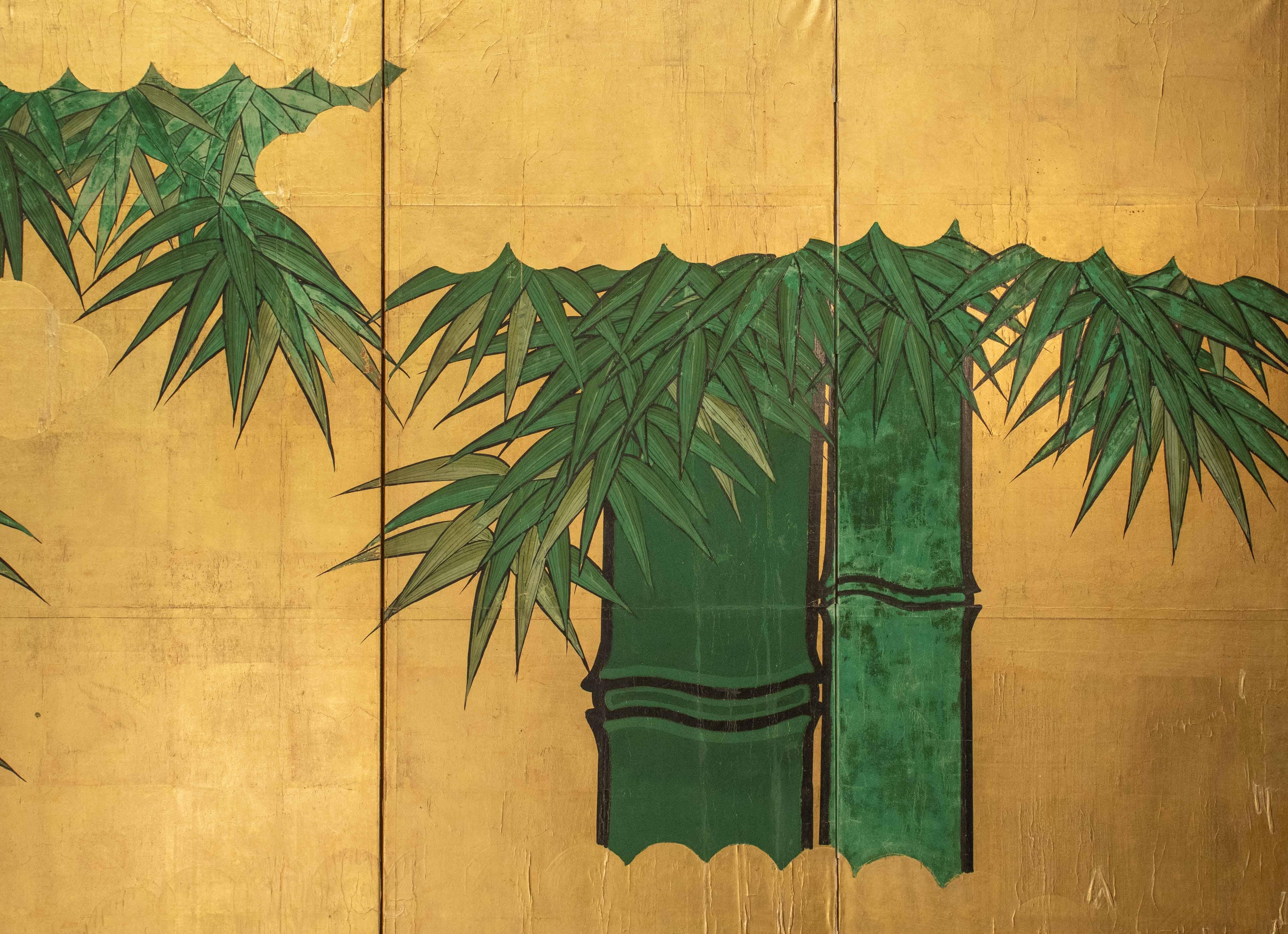 A Japanese Folding Screen Decorated With Bamboo Plants On A Gold-leaf In Excellent Condition For Sale In Milano, IT