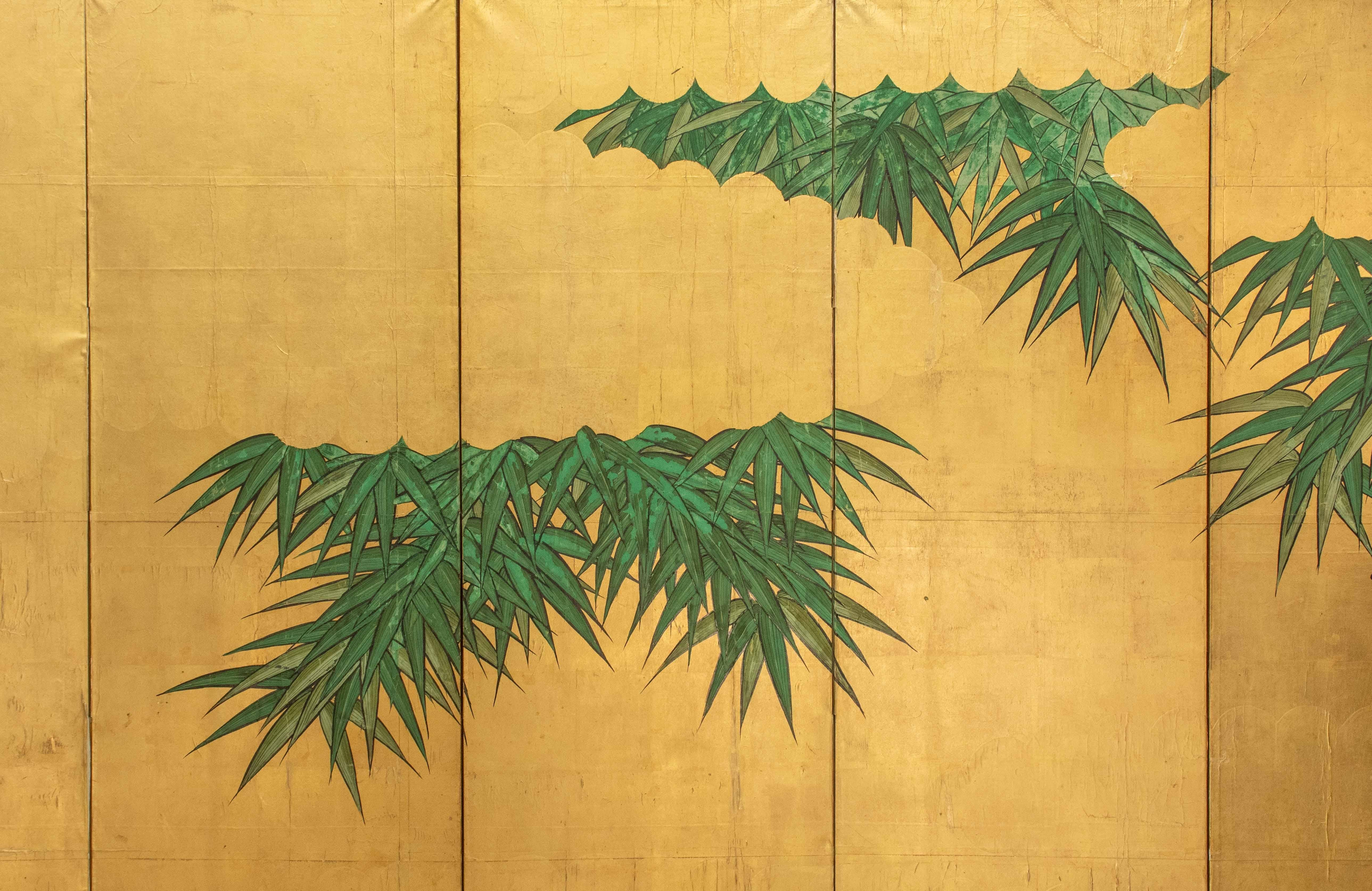 19th Century A Japanese Folding Screen Decorated With Bamboo Plants On A Gold-leaf For Sale
