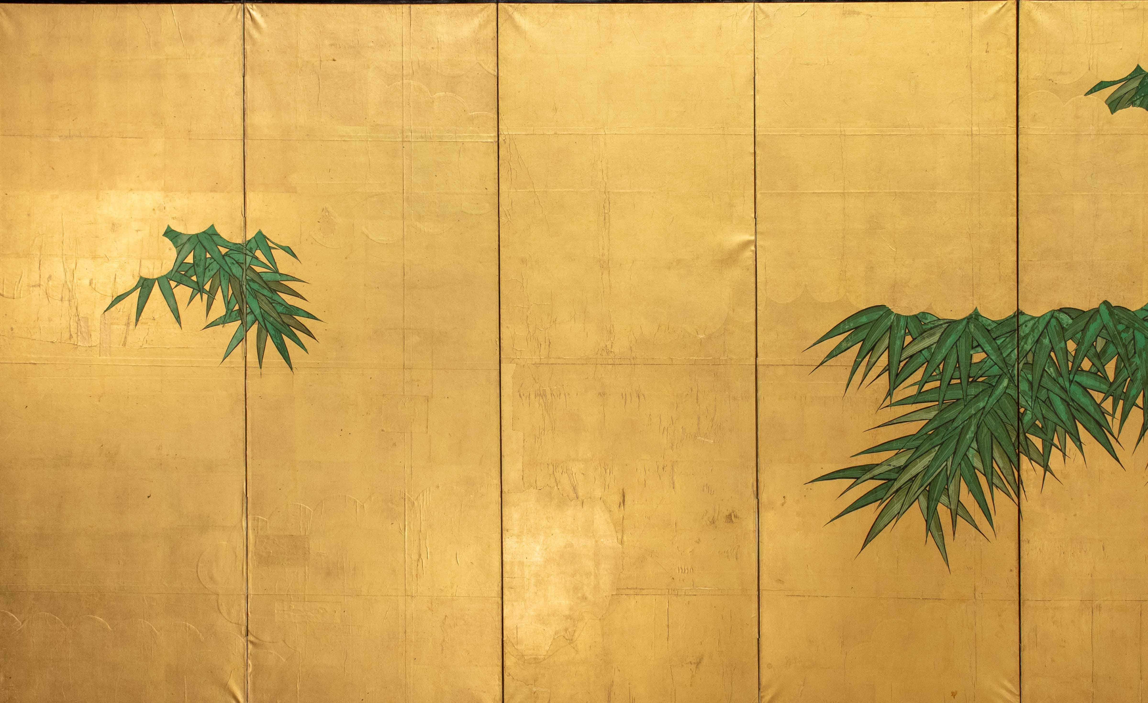 Gold Leaf A Japanese Folding Screen Decorated With Bamboo Plants On A Gold-leaf For Sale