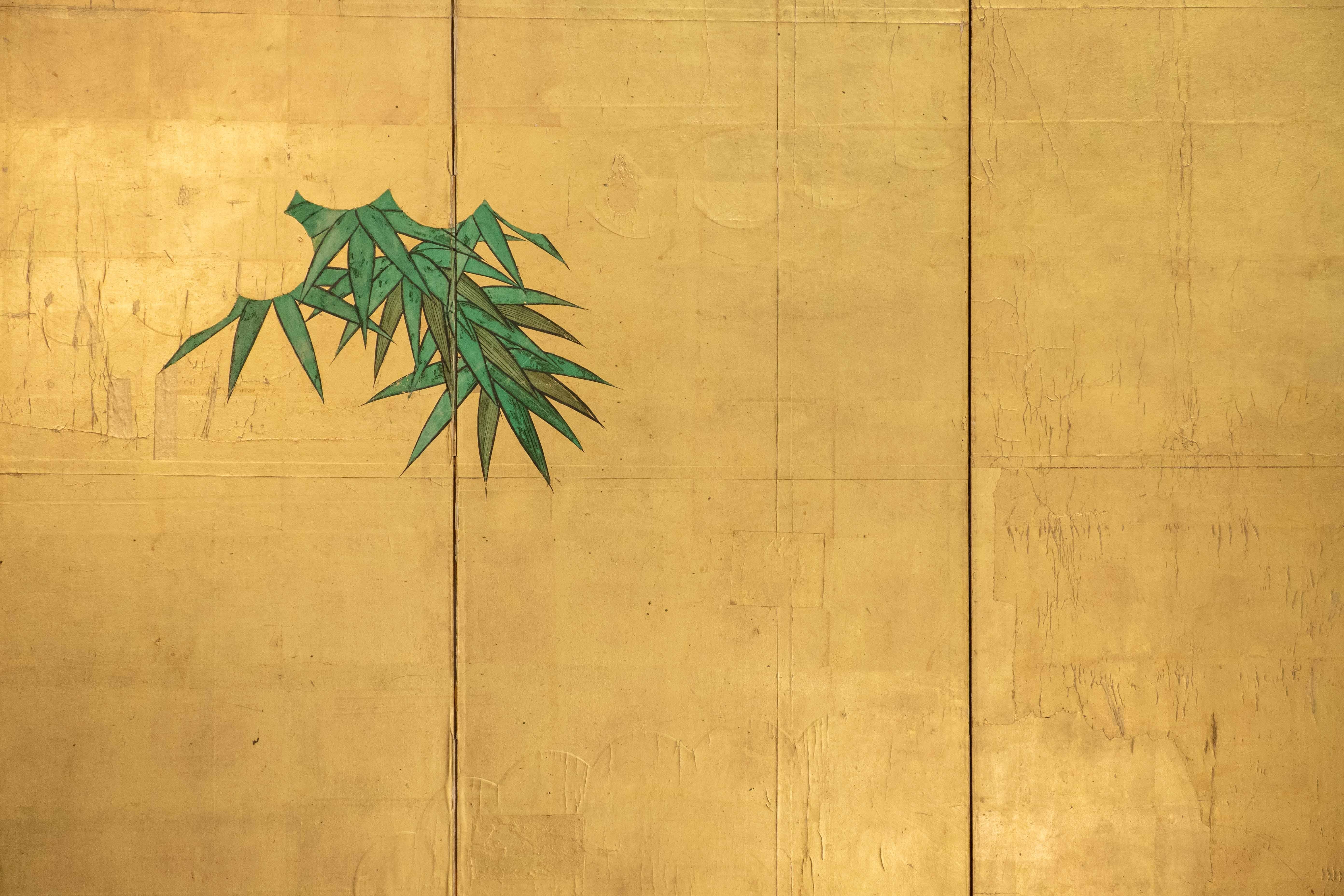 A Japanese Folding Screen Decorated With Bamboo Plants On A Gold-leaf For Sale 1
