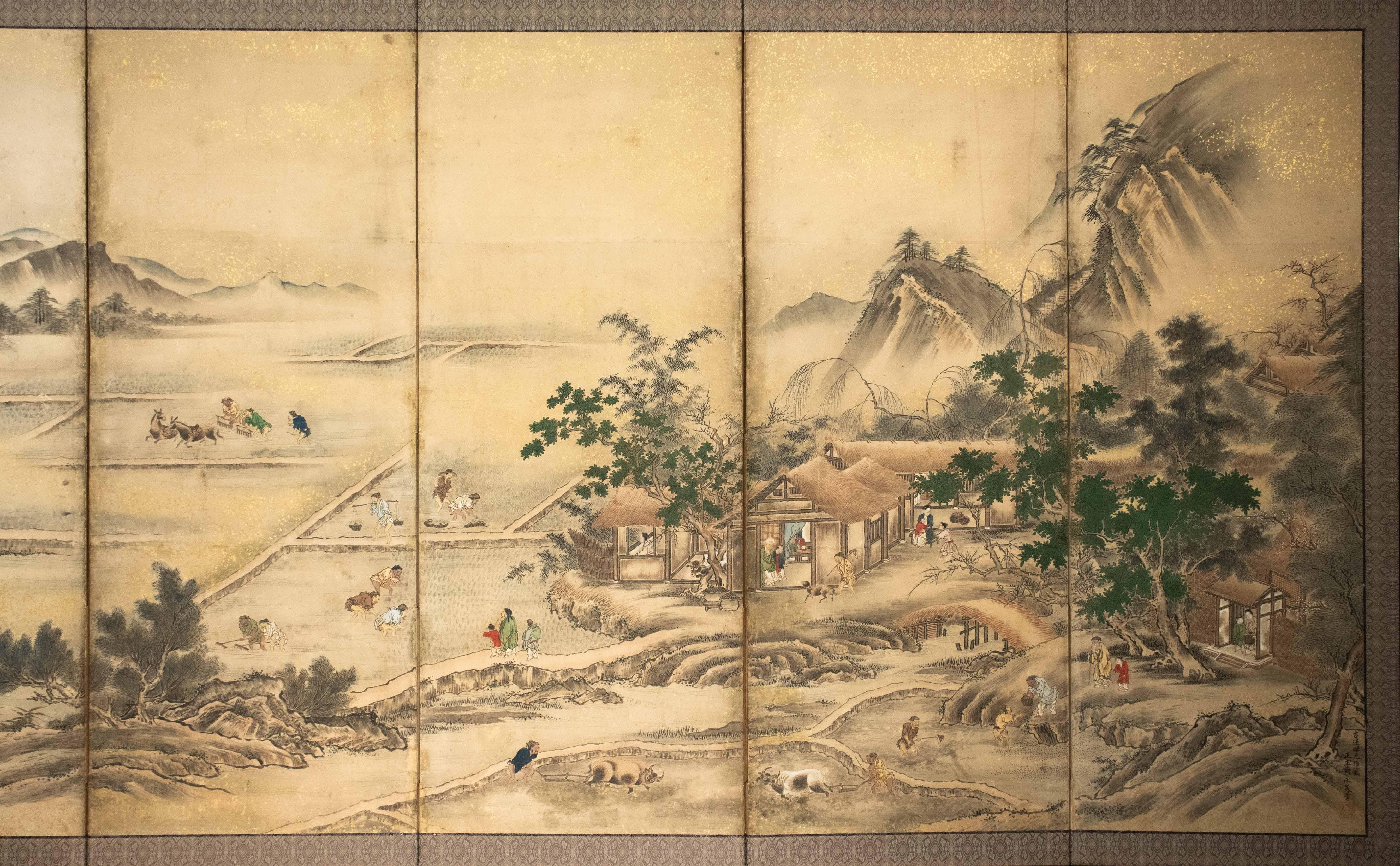 Dipinto a mano A Japanese folding screen depicting an agricultural landscape, signed Eisho Kano in vendita