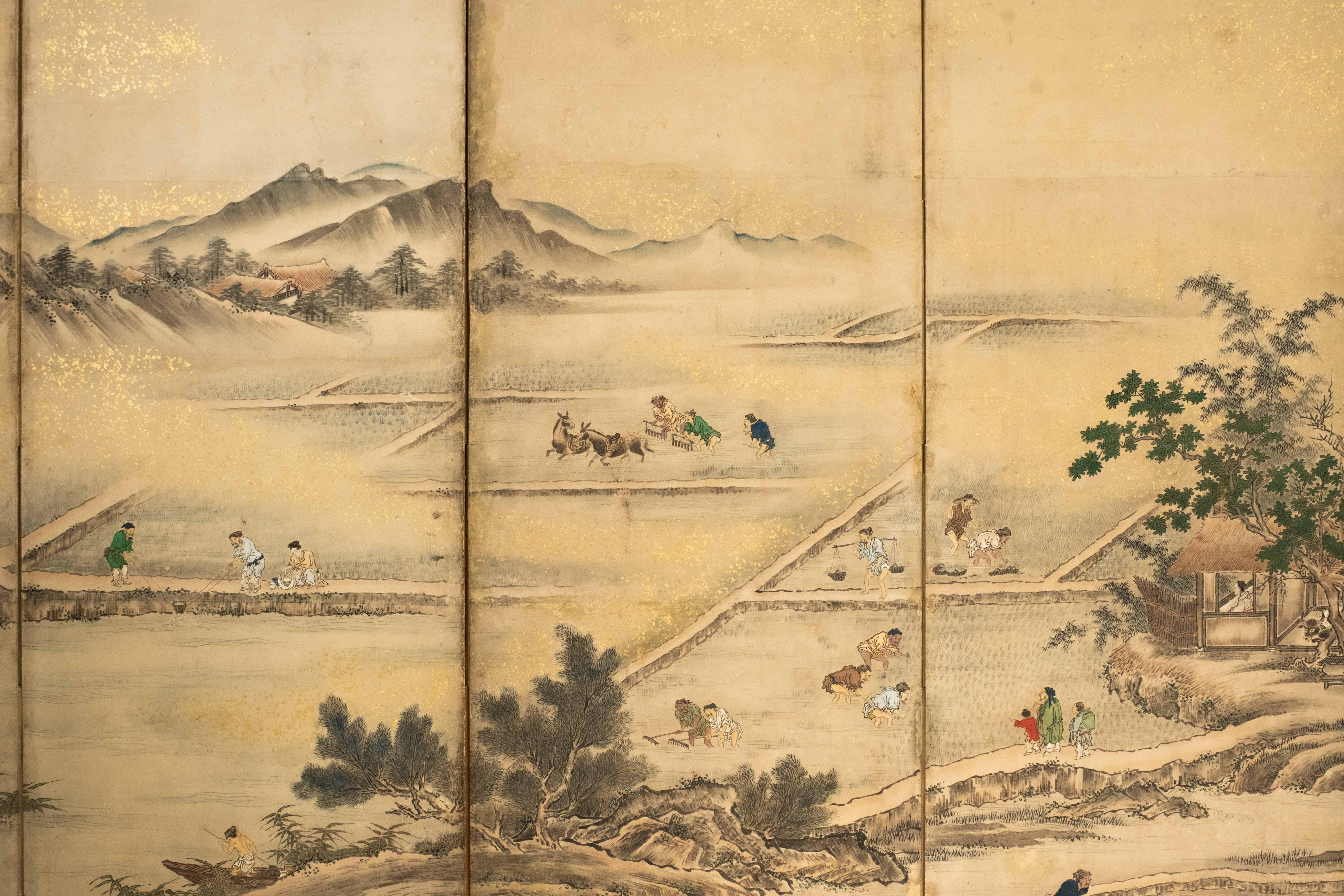 A Japanese folding screen depicting an agricultural landscape, signed Eisho Kano In condizioni buone in vendita a Milano, IT
