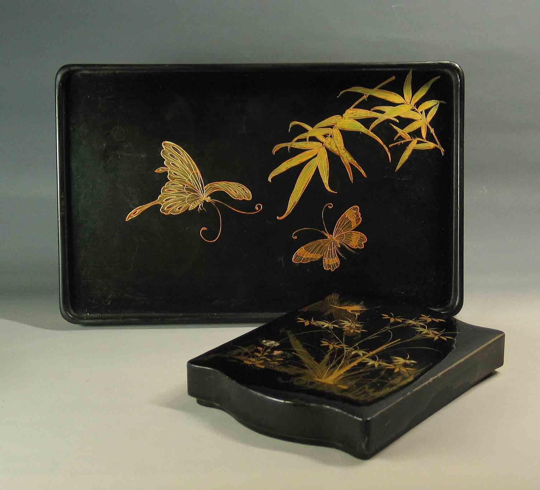 Japanese Gold and Black Lacquer Service Tray and Lacquer Document Box 2