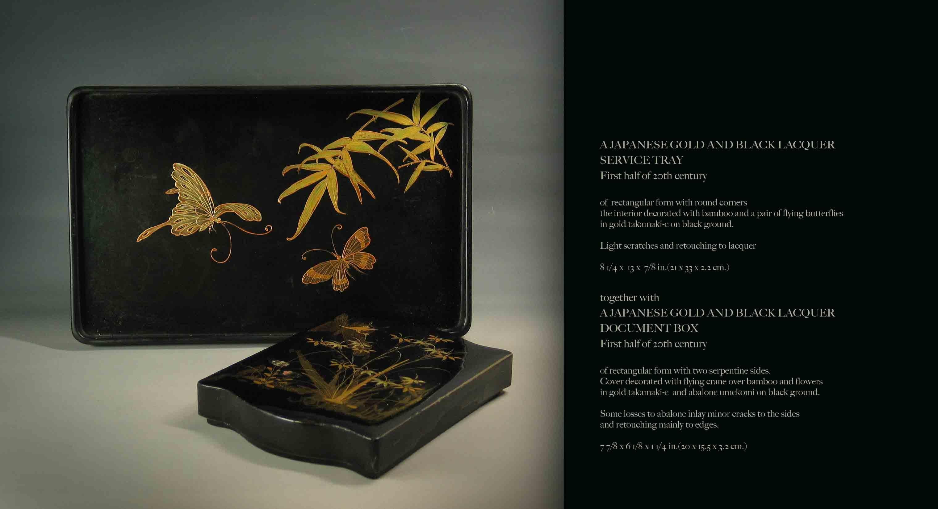 A Japanese gold and black lacquer service tray and lacquer document box,
Both first half of the 20th century, The tray is of rectangular form with round corners, the interior is decorated with bamboo and a pair of flying butterflies in gold